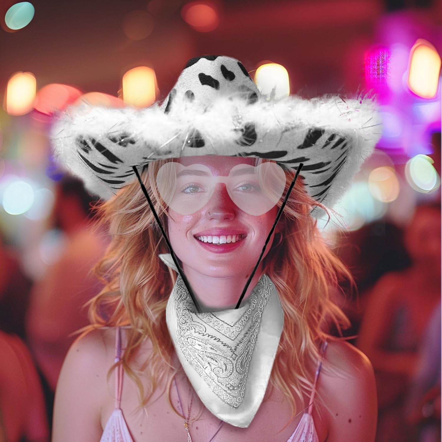 Cow Print Cowboy Hat with Feathers, Heart Sunglasses and Bandana for Women Western Party Cowgirl Costume Accessory - Image 5