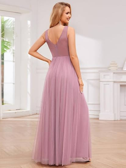 Ever-Pretty Robe Demoiselle D'Honneur Tulle Col V Sans Manches - Élégante Robe De Soirée Longue