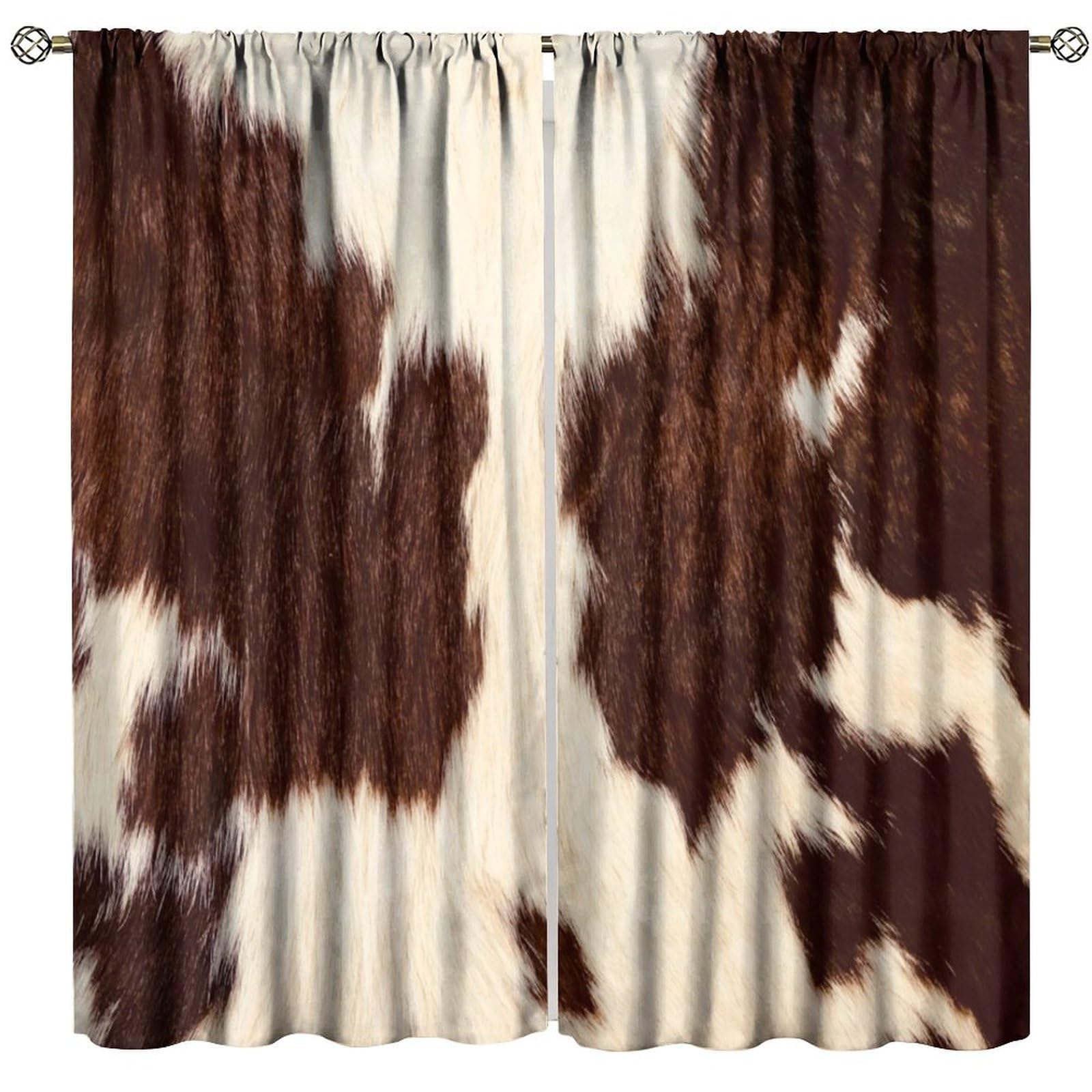 FengMingRui Cowhide Window Curtains Western Farm Animal Fur Skin Brown Cow Prin Blackout Window Treatments for Kids Living Room Bedroom Decor Window