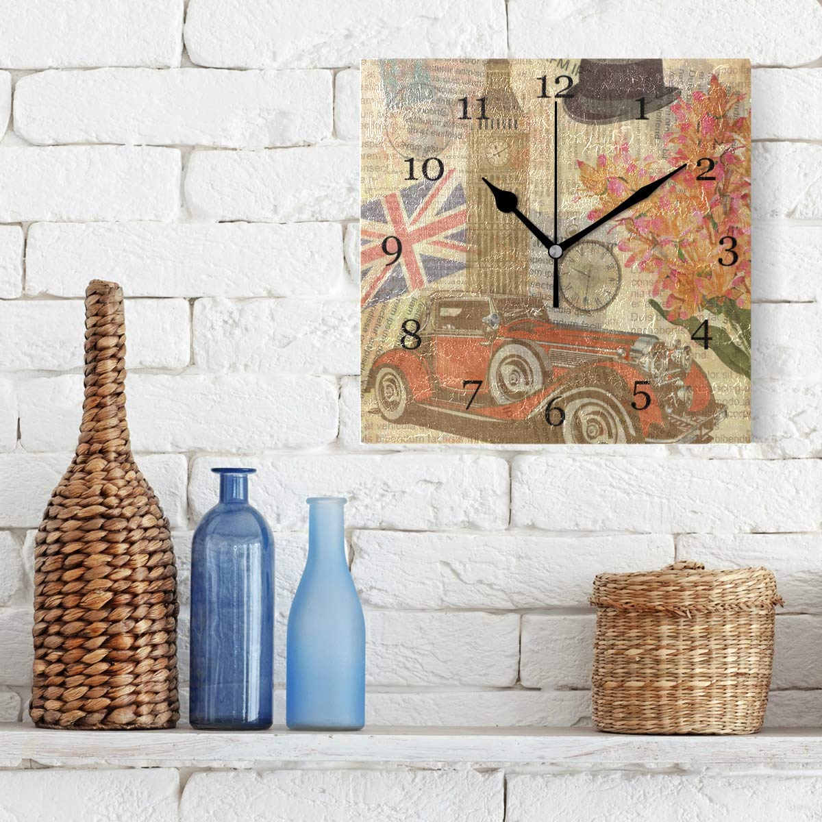 Orologio Da Parete Vintage BIGJOKE London - 20x20 Cm, Con Big Ben E Bandiera Inghilterra, Silenzioso, PVC, Batteria Non Inclusa - 2