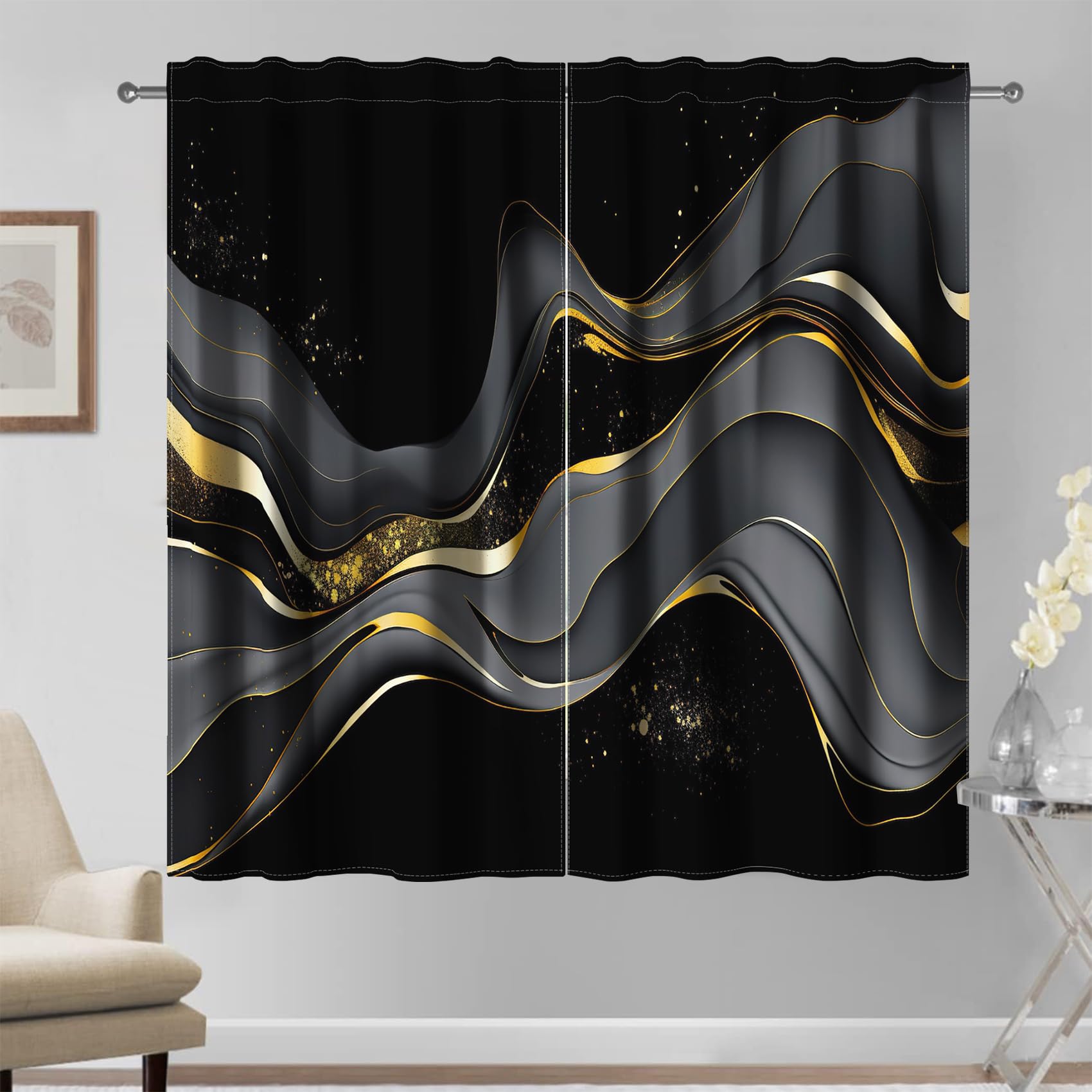 Kzzfqxb 107×160cm, Black Sky Black Golden Vast Universe Golden Flow Marble Pattern for Living Room Decoration, 2 Panels Noble Elegant Drapes, Modern Art Luxury — image 1