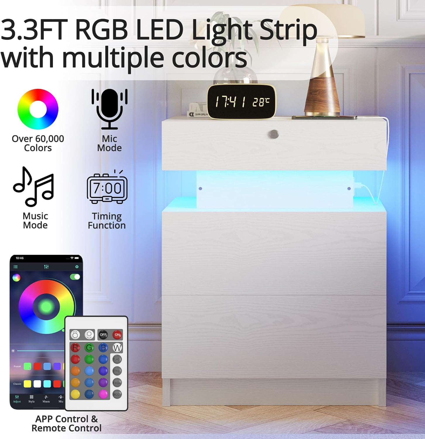 LIKIMIO Nightstand with Charging Station, Night Stand with Storage and LED Lights, Bedside Table with 3 Drawers, USB and Lock, Modern End Table for Bedroom