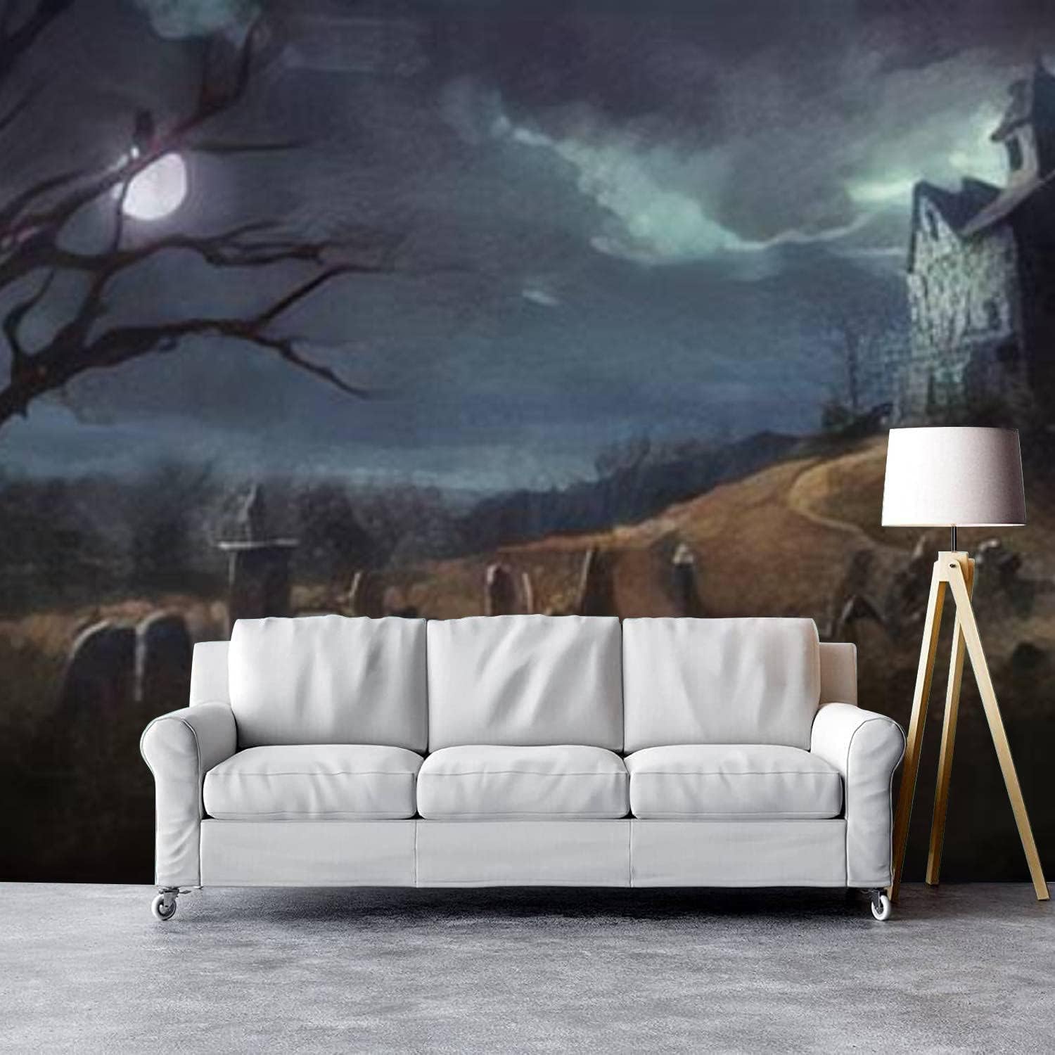 Modern Wallpaper Murals 3D Halloween Theme Grave Yard a House at Night Peel and Stick Removable Self-Adhesive PVC Wall Stickers for Nursery Kids Bedroom TV Wall Decor