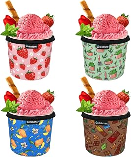 4 Pack Ice Cream Print Size Ice Cream Sleeves Neoprene Cover with Spoon Holder Cover (Taste)