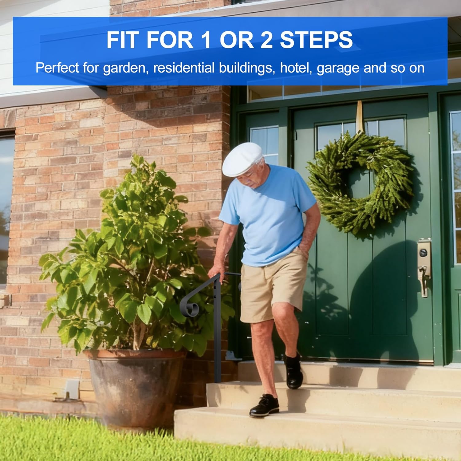 handrails for Outdoor Steps Single Post Handrails for Outdoor Steps Wrought Iron Single Post Handrail, Ground Long Post Fits 1 or 2 Steps Grab Rail Single Post Railing (1pcs Black)