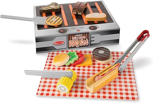 Juego de barbacoa Melissa & Doug. Asar y servir (20 piezas). Juego de alimentos y accesorios de madera