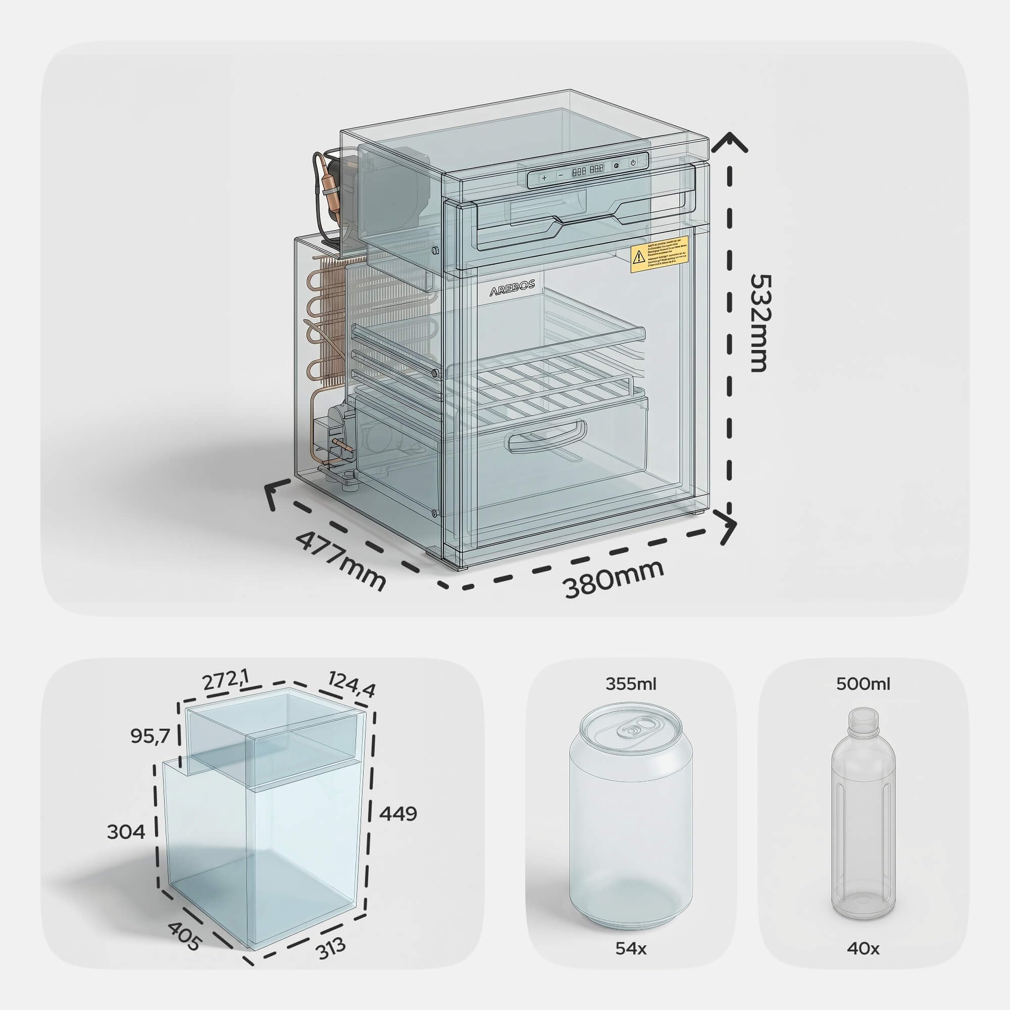 Arebos Réfrigérateur à Compresseur pour Camping-Car 50 L avec Compartiment Congélateur | Contrôle Via APP | 12V/24V | Jusqu'à -20°C | Porte Réversible | Réfrigérateur pour Camping-Car, Van & Camion