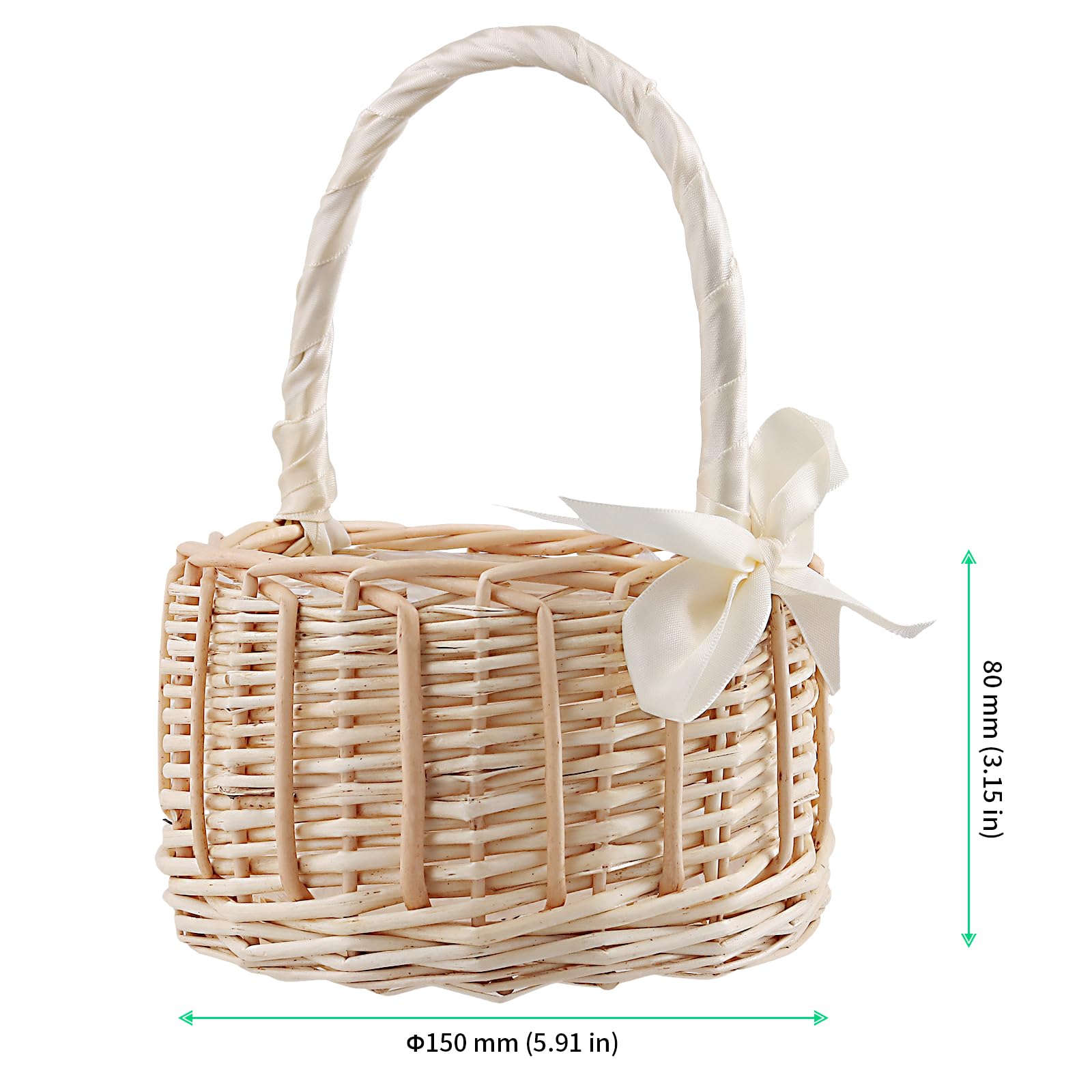 FUNSUEI 2 Stück Blumenkorb Hochzeit mit Schleife, 15 x 19 cm Blumenkörbe Blumenmädchen Korb, Klein Rattan Geflochtener Blumenkorb mit Henkel für Deko, Hochzeit