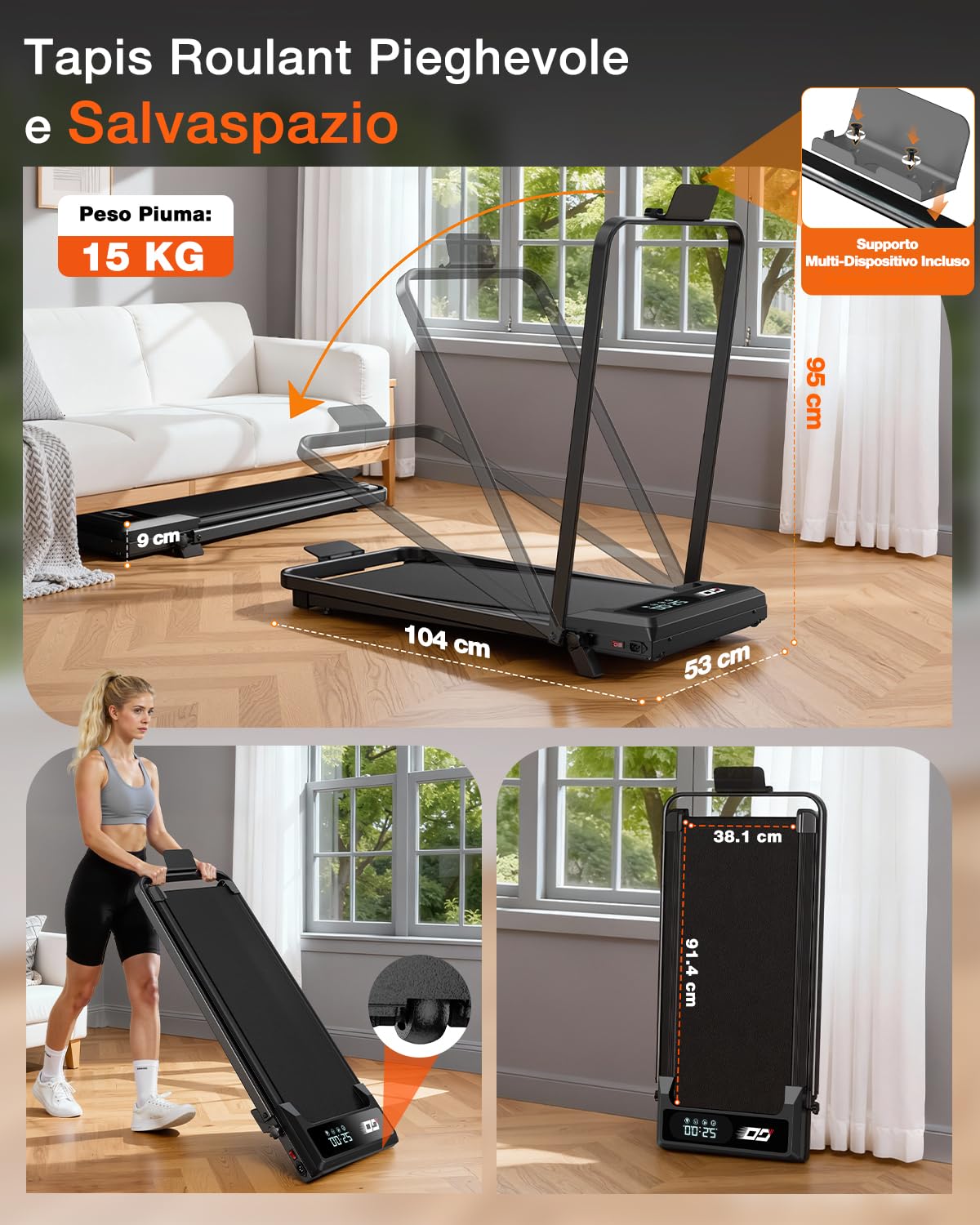 Tapis Roulant Elettrico Pieghevole, 9% Pendenza, 1-10 km/h, 3,0 CV | Casa e ufficio, <35 dB, LED, telecomando, 5 strati antiscivolo, 8 ammortizzatori, 9 cm piegato, ruote trasporto