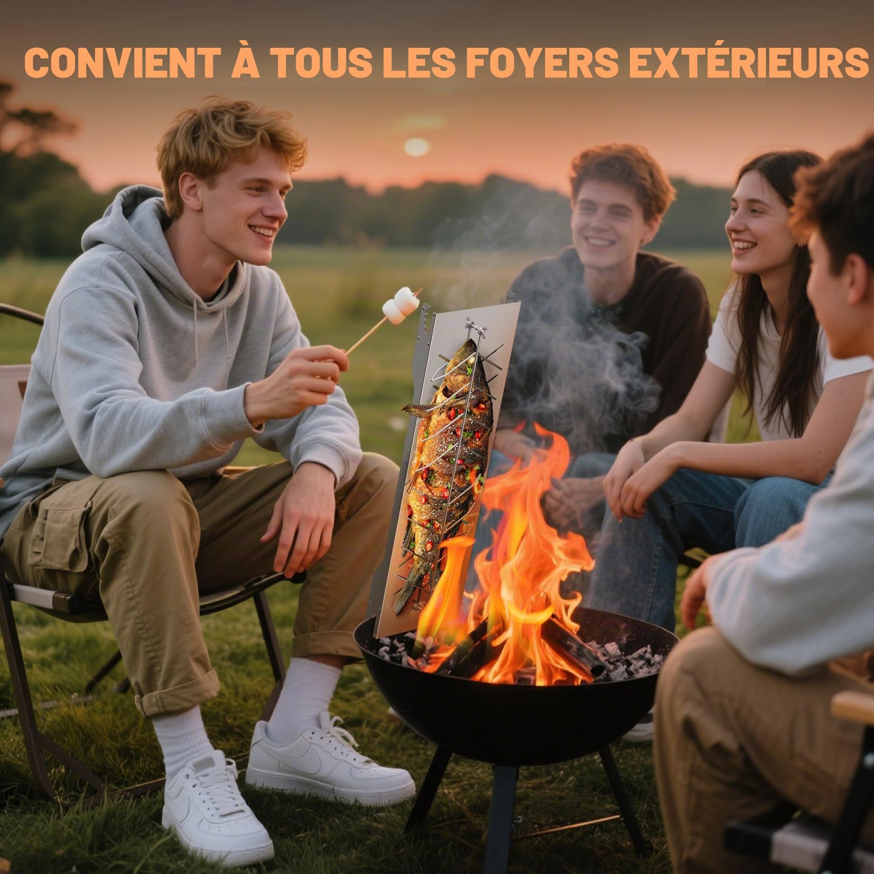 onlyfire Grande Planche à Saumon INOX pour Brasero et Barbecue | 4 positions réglables, cuisson verticale au feu de bois, inox lavable au lave-vaisselle, idéale pour saumon entier