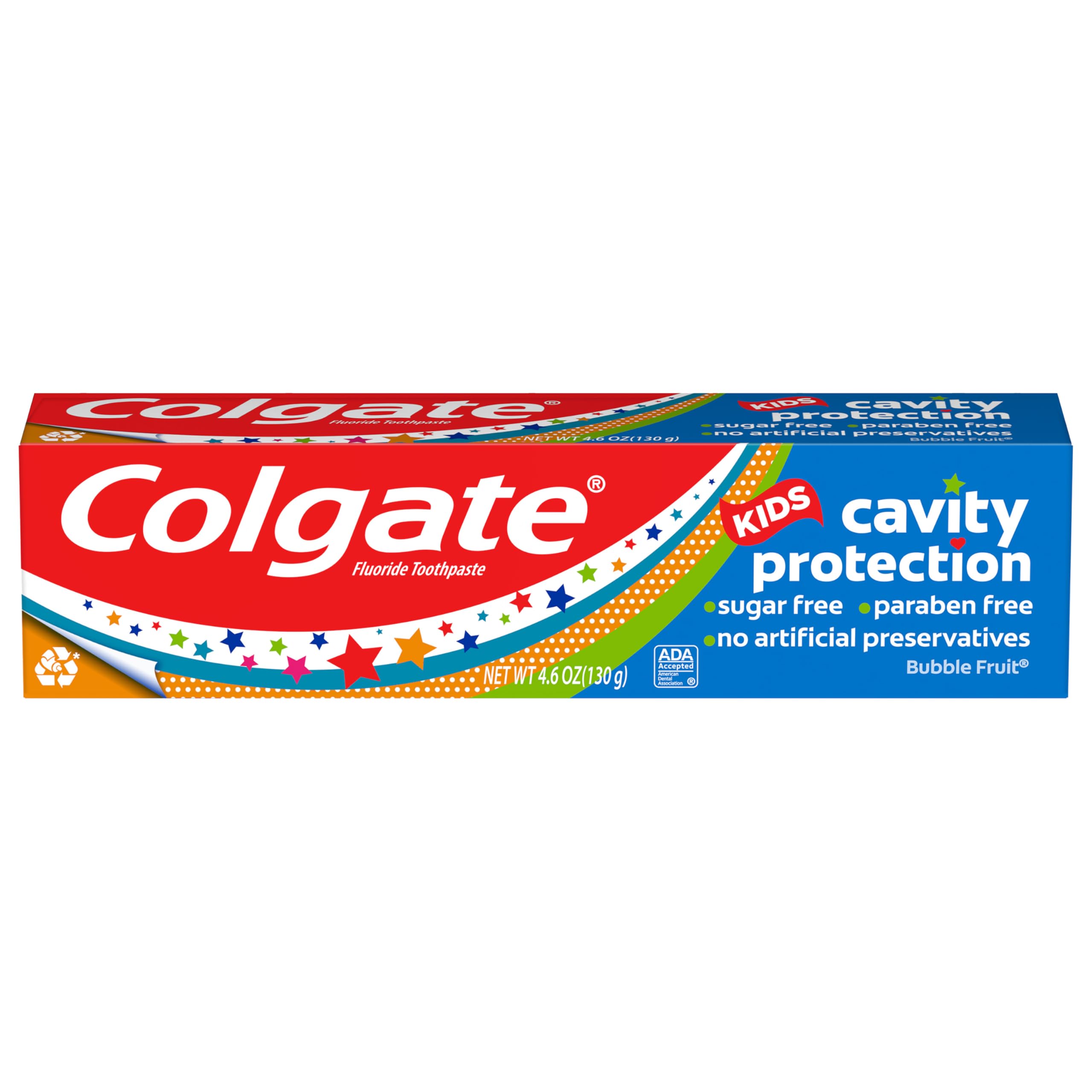 Colgate Kids Cavity Protection Toothpaste with Fluoride, Helps Fight Cavities, Safe for Ages 2+, Mild Bubble Fruit Flavor, Sugar Free, 4.6 Oz Tube