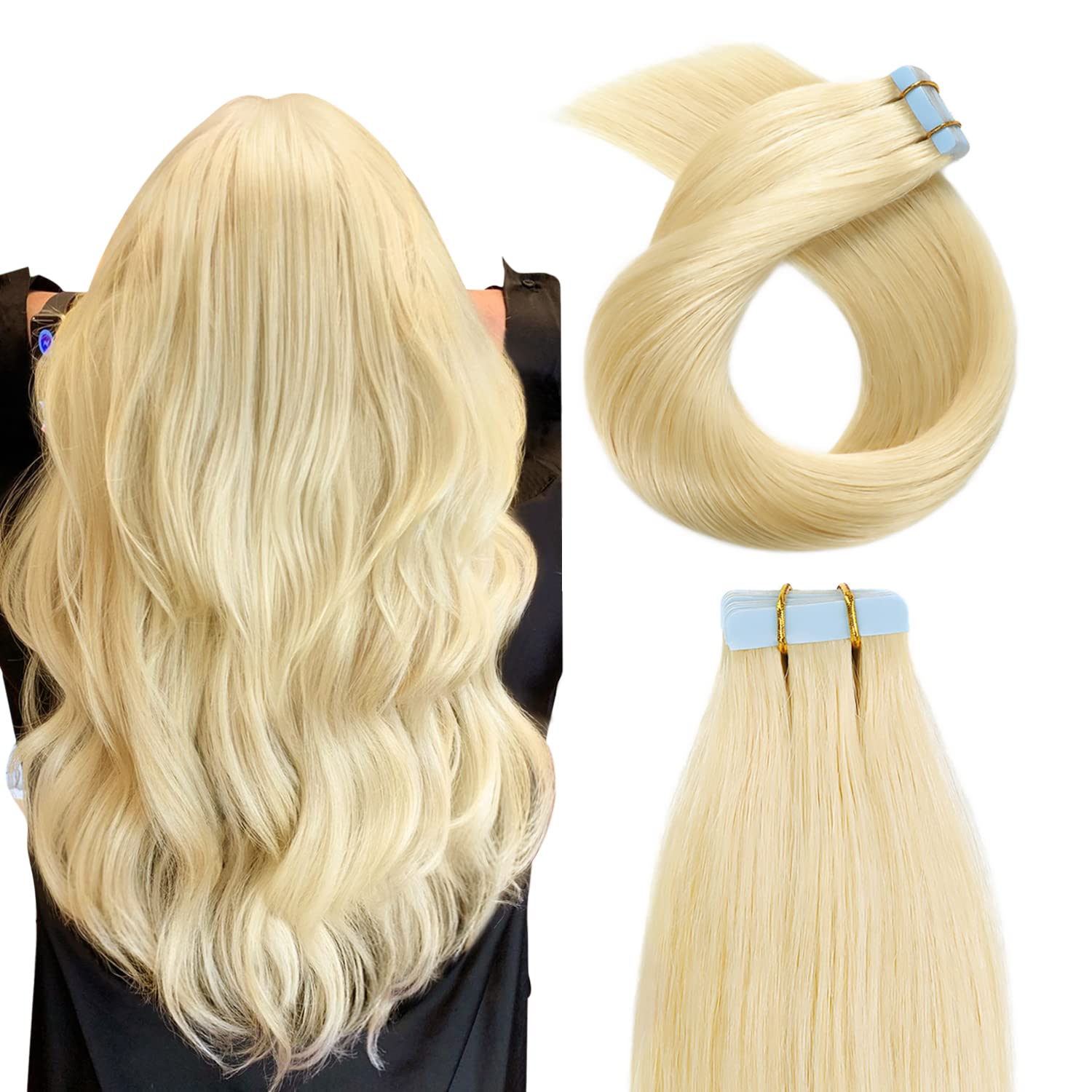 YILITE Tape in Human Hair Extensions Silky Straight human Hair Extensions Bleach Blonde (613n), 50g/pack, 20 Inch (Pack of 20)