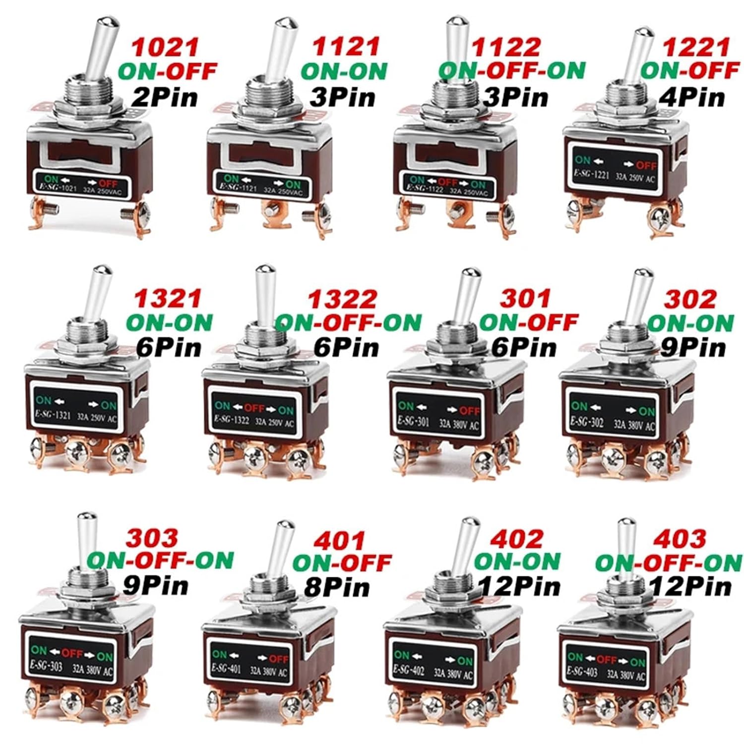 1pcs High Current Toggle Switch 2/3/4/6/8/9/12Pin Self Reset/Self-Locking Switch Copper Pin 32A 250VAC Push Button Switch(1322)
