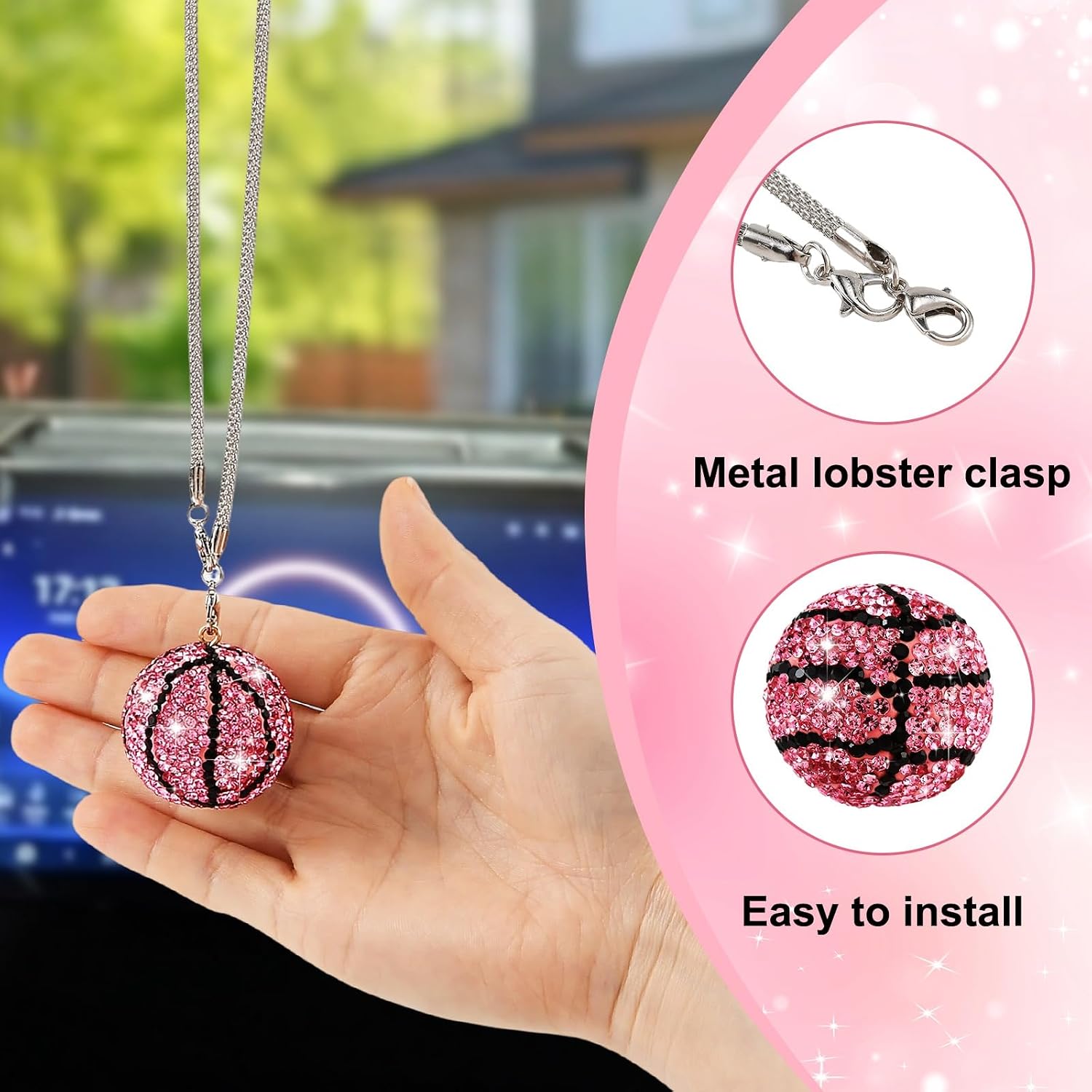 Bling Diamond 3D Basketball Car Pendant, Car Rearview Mirror Hanging Ornament, Cute Vehicle Pendant Accessories for Women Girls image 5
