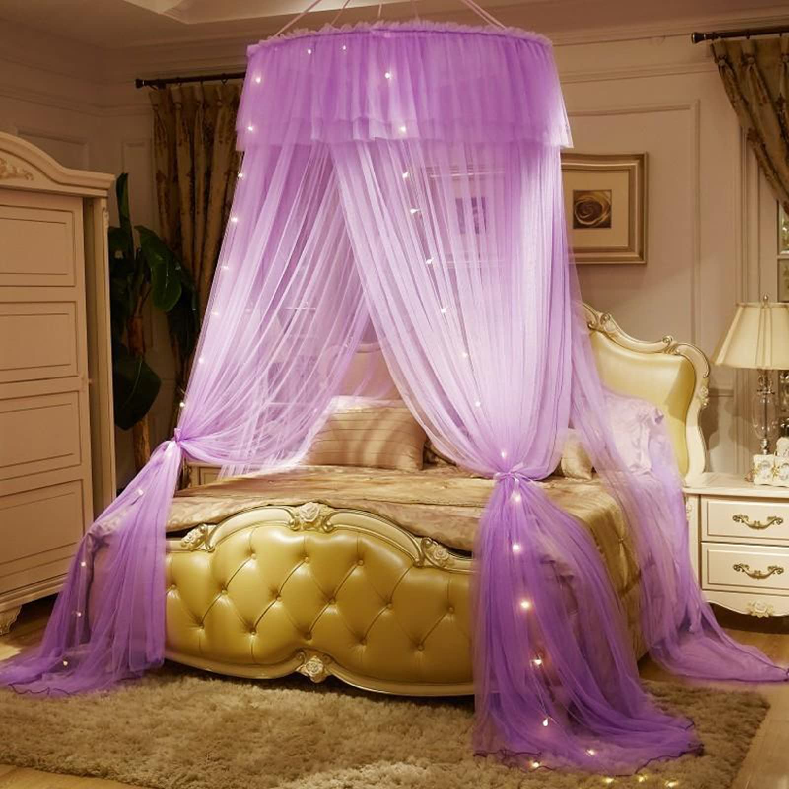 Mosquitera de cama universal con luces para dormitorio individual y doble