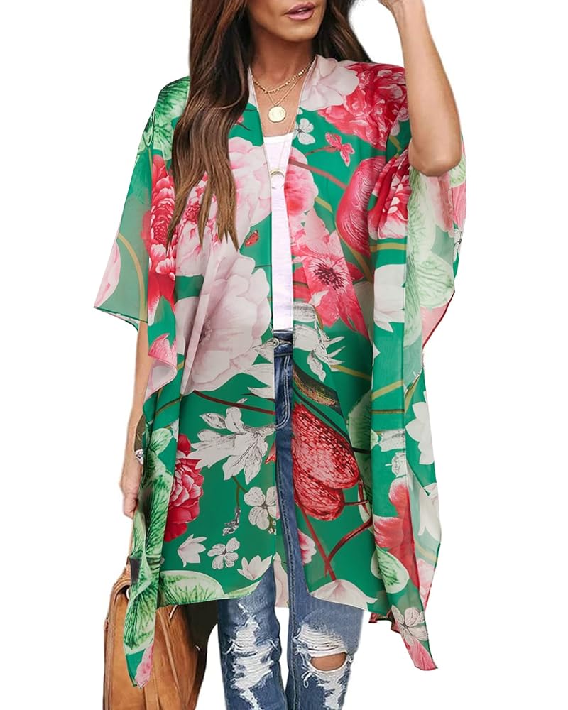 Ivay Womens Floral Kimono Duster Cardigans Short Sleeve