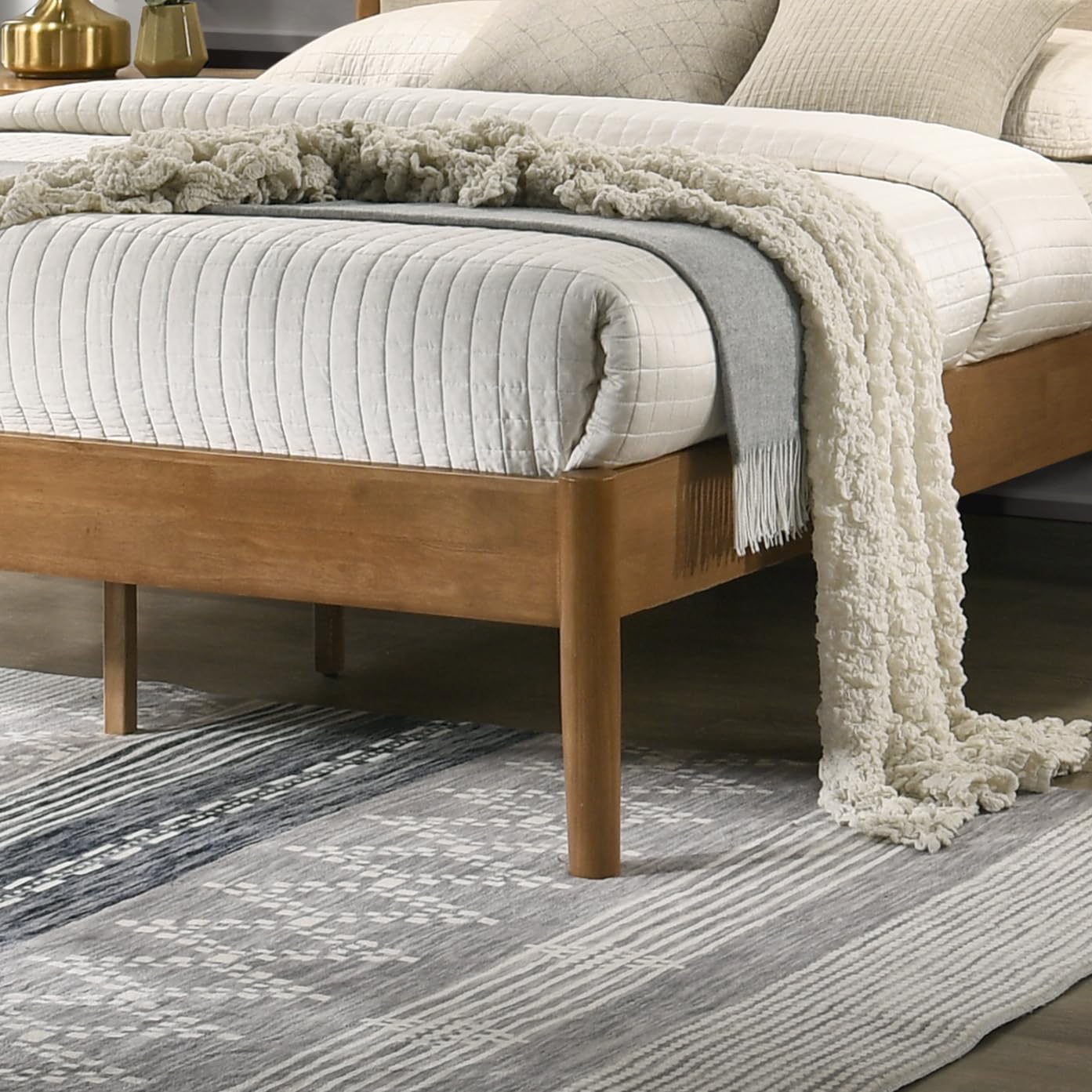 Roundhill Furniture Vichy Queen Platform Bed with Upholstered Headboard in Light Walnut
