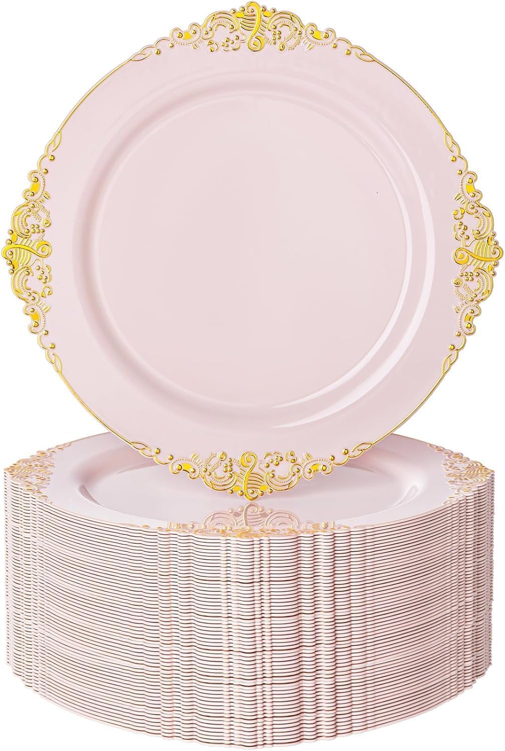 Photo 1 of ***DAMAGED - SEE NOTES/PICTURES***Nervure 100PCS Pink and Gold Plastic Plates - 7.5 inch Pink Plastic Plates with Gold Rim - Disposable Dessert Plate for Wedding & Party