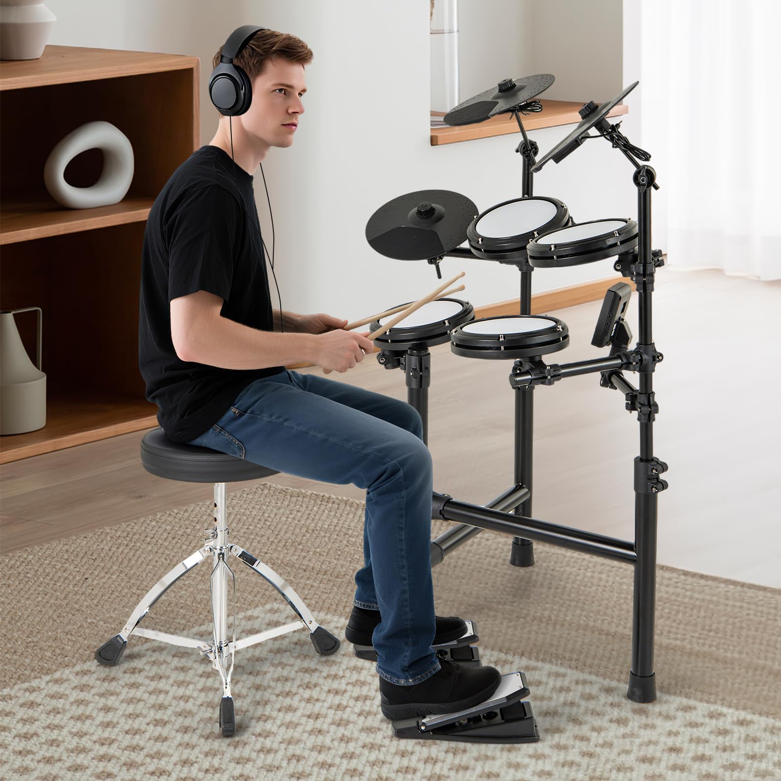 KOMFOTTEU Batería Electrónica con Pads, Batería Musical con 150 Sonidos, 10 Demostraciones, Platos de 24 cm, Instrumento Musical con Taburete Ajustable, Pedales, Baquetas y Auricular, USB MIDI
