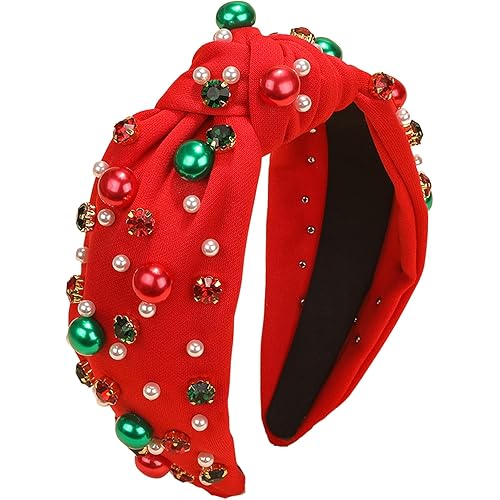 Christmas Headband for Women Pearl Knotted Headband Xmas Red Green Pearl Rhinestone Crystal Jeweled Hairband Fashion Elegant Ladies Wide Top Knot Hair Bands Headpiece Holiday Outfits Gifts (Red)