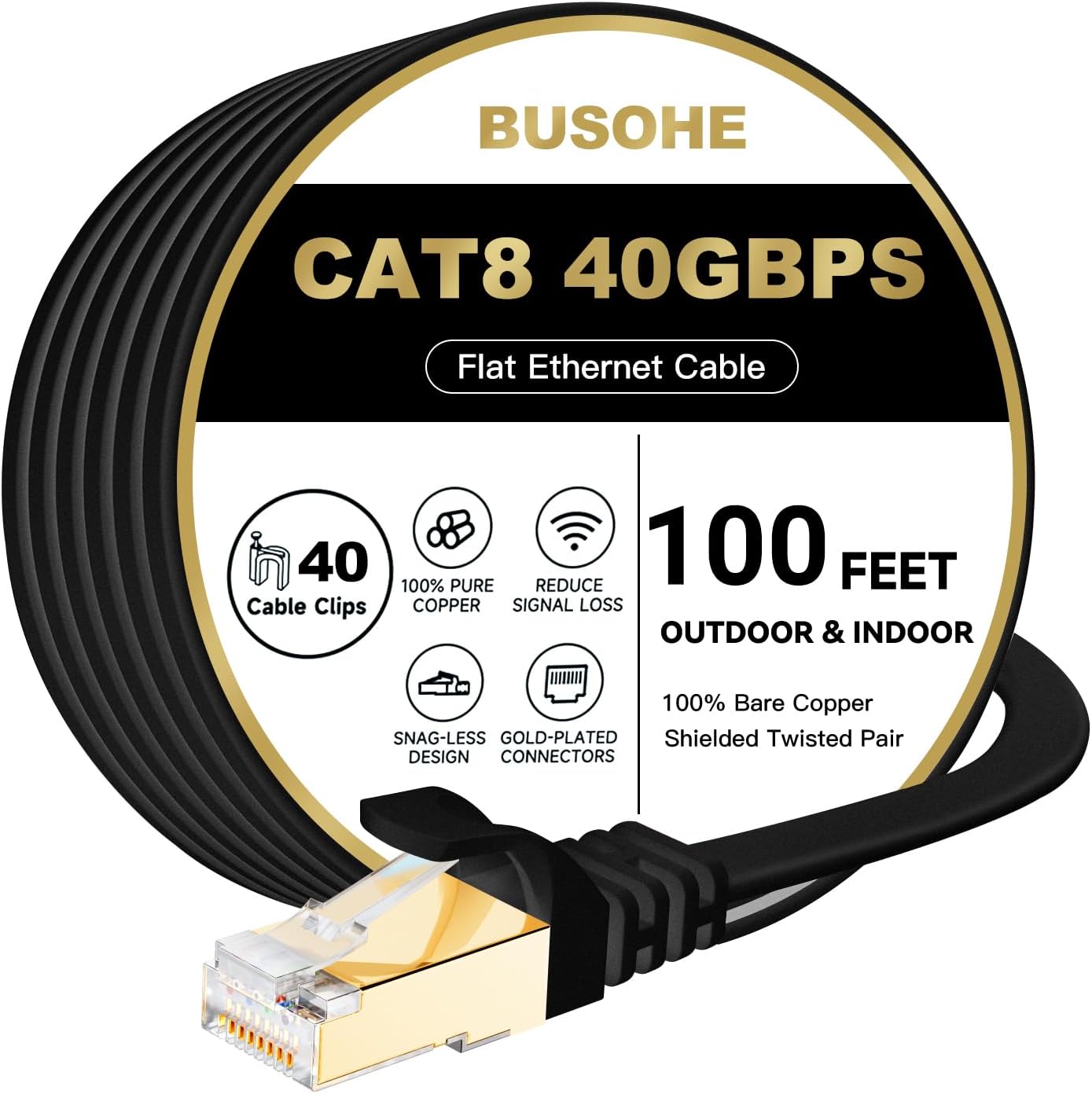 BUSOHE Cat 8 Ethernet Cable 100 FT, 40Gbps 2000MHz Cat8 High Speed Flat Internet Network Patch Cord, SFTP Shielded LAN Wire with Gold Plated RJ45 Connector for Outdoor Indoor, with Clips- 100FT Black