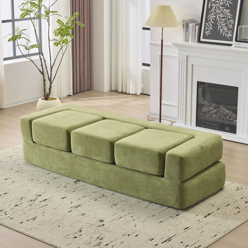 Canapé d'angle Convertible,canapé Convertible,Ensemble canapé lit Convertible avec 3 Repose-Pieds,Lit en Mousse Haute résilience, canapé de Sol Gain de Place en Chenille (Vert)