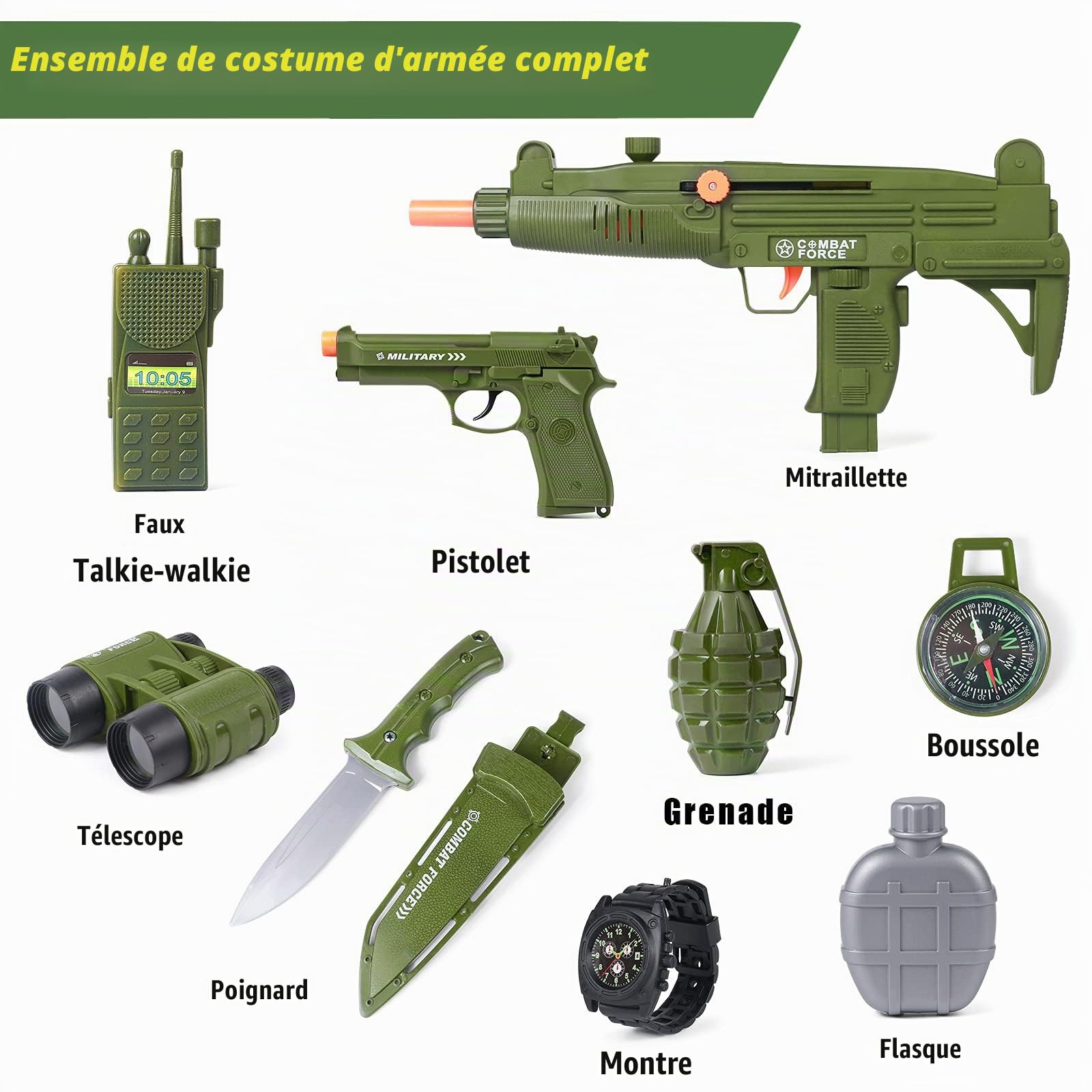 vamei 13pcs Déguisement Militaire Garçon Costume Militaire Enfant Costume Armée Garçons Costume Soldat Enfant avec Talkie-Walkie Mitraillette Chapeau Camouflage pour Enfants Garçons Filles