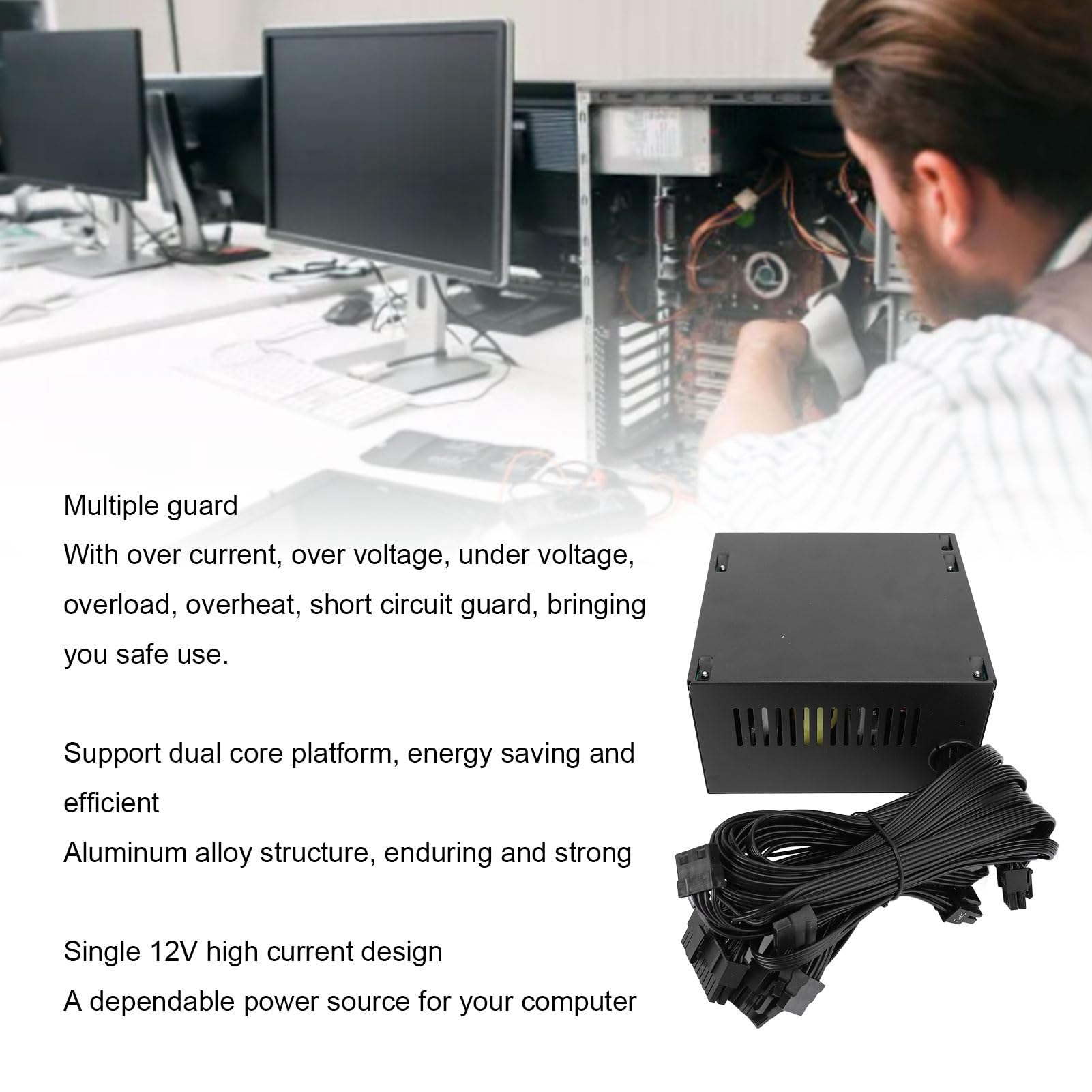 XUMIUZIY Zasilacz Komputerowy ATX 600 W |Zasilacz do Gier do Komputerów Stacjonarnych z Cichym Czarnym Wentylatorem 12 Cm, Dwurdzeniowy, Gotowy na