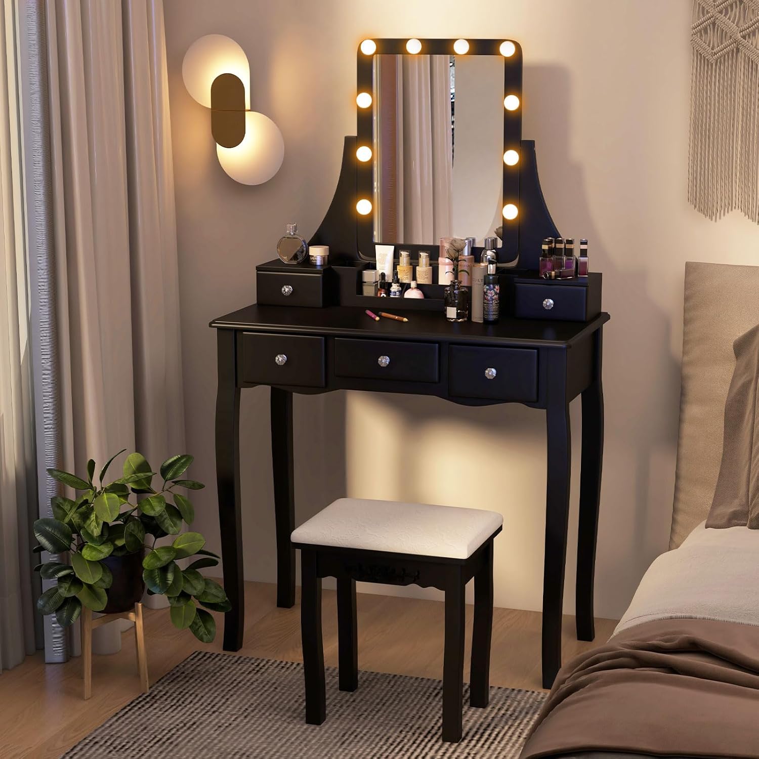 GOFLAME Vanity Table Set with Lighted Rotatable Mirror, Makeup Table with 3-Color Lights, Adjustable Brightness, 5 Drawers, Dressing Table with Soft Cushioned Stool for Bedroom, Dressing Room (Black)