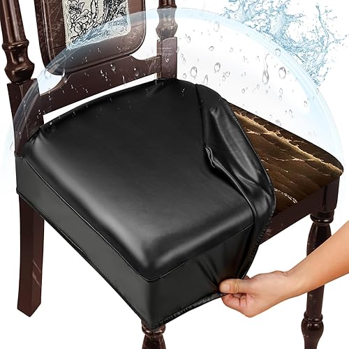 Juego de 4 fundas de asiento impermeables para sillas de comedor, fundas de asiento de cocina de cuero, resistentes a las manchas, fundas elásticas