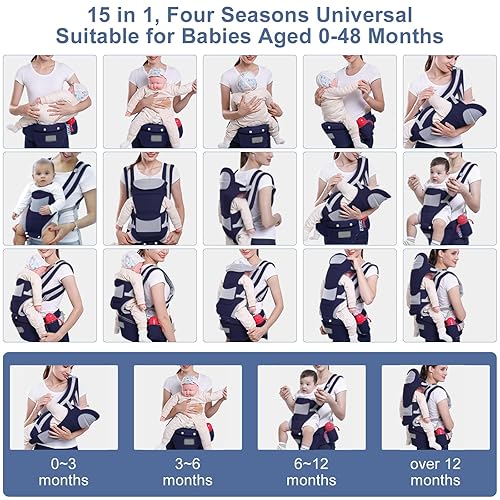 Miniatura 3 de Portabebés, portabebés con asiento de cadera para bebés de 0 a 48 meses, 15 en 1 formas de llevar, todas las estaciones, tamaño ajustable con
