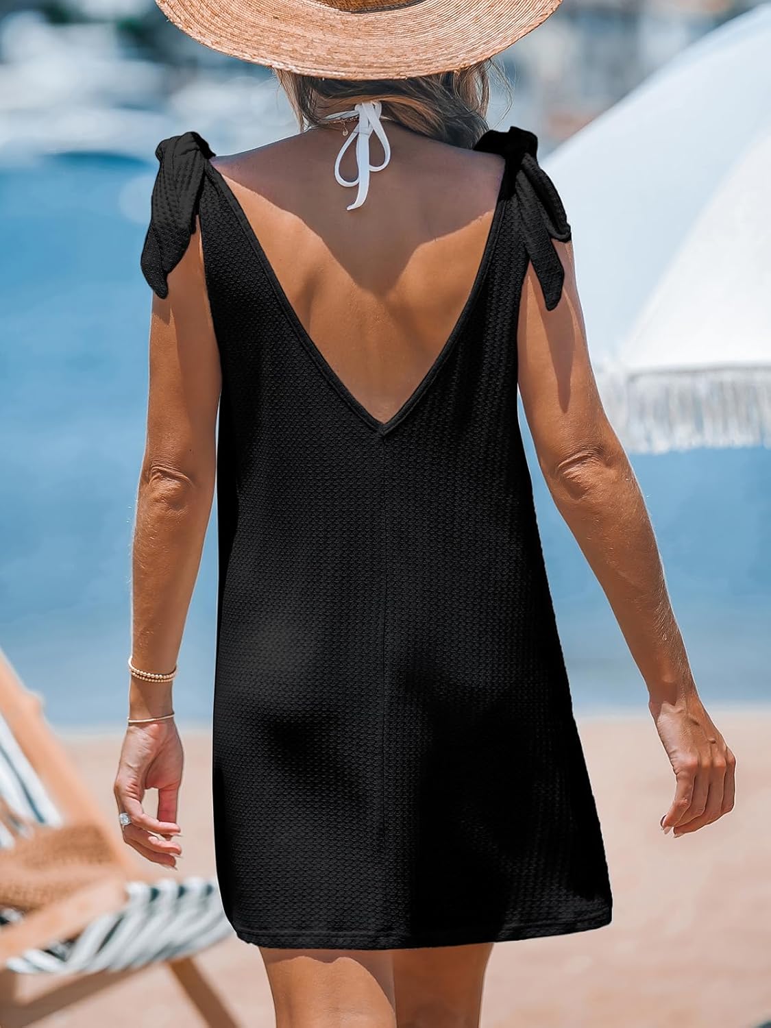 CUPSHE Women Swimsuit Coverup Sleeveless Tie Shoulder Bathing Suit Cover Ups Knit Beach Mini Dress - Image 2