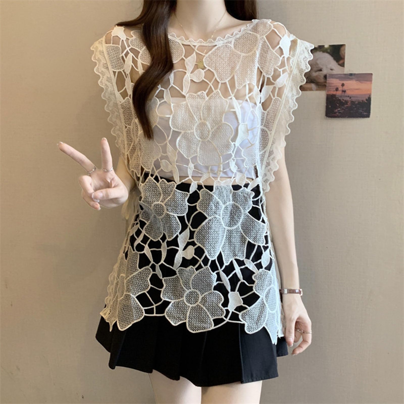 Canottiera Svuotata da Donna Sexy Trasparente Senza Maniche con Ricamo Floreale Top Estivo Boho Pullover
