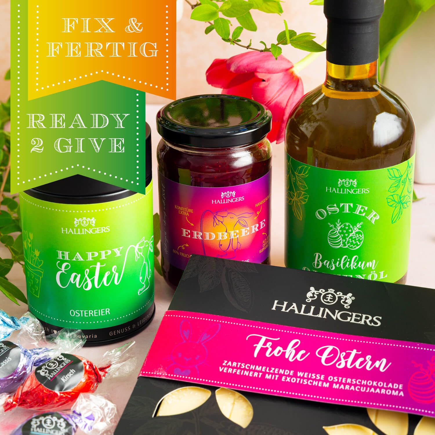 Hallingers Genuss Manufaktur Feinkost Oster-Geschenk-Set - XXL-Wundertüte "Gruß vom Osterh..." großes Osternest Pralinen-Ostereier, Ostertafel, Konfitüre & Olivenöl, Ostern Körbchen für Frauen Männer