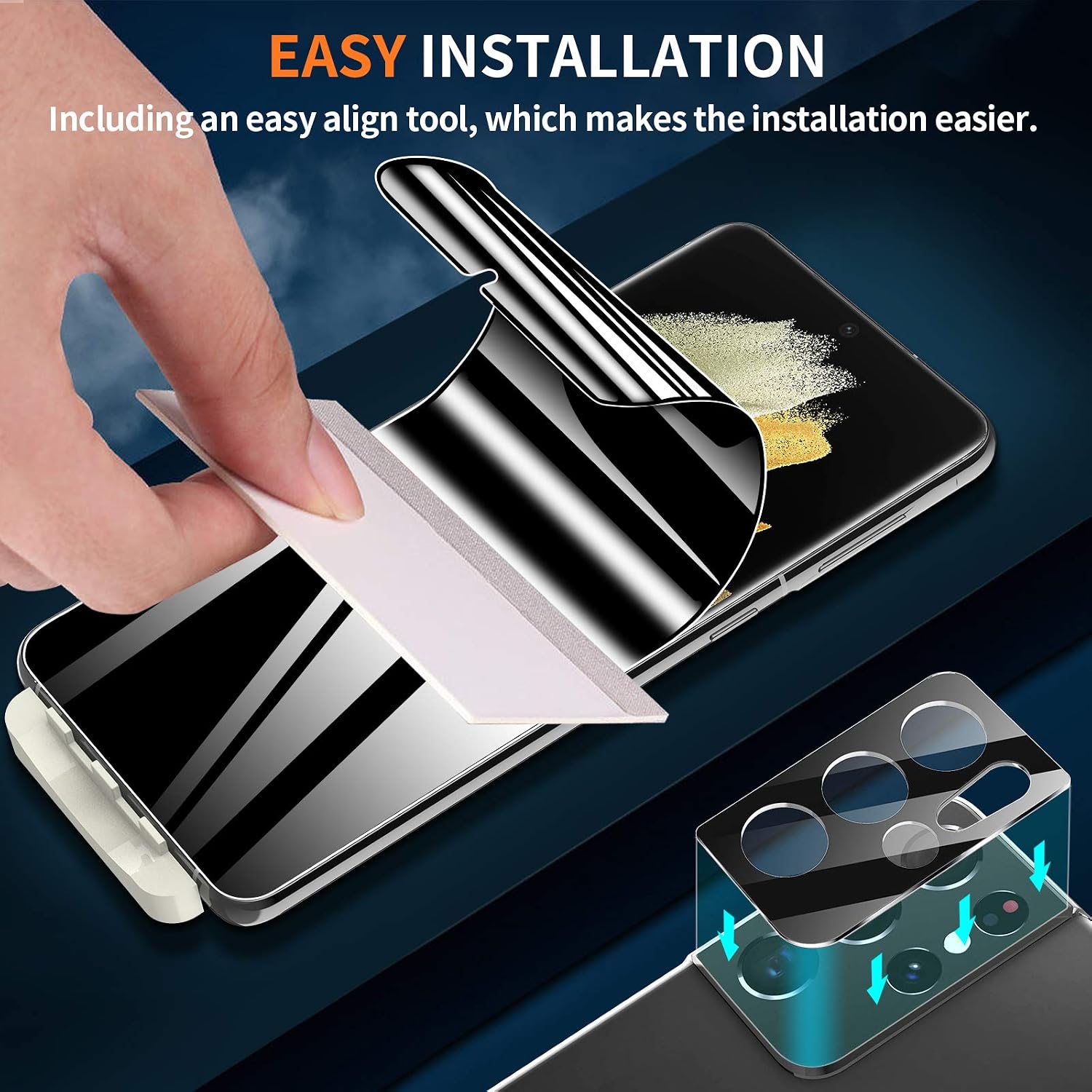 3 Pack EGV 1pcs Privacy TPU Screen Protector and 2pcs Camera Lens Protector Compatible with Samsung Galaxy S21 Ultra 6.8-inch, Anti-Spy, Positioning Tool, Support Ultrasonic Fingerprint, Case Friendly