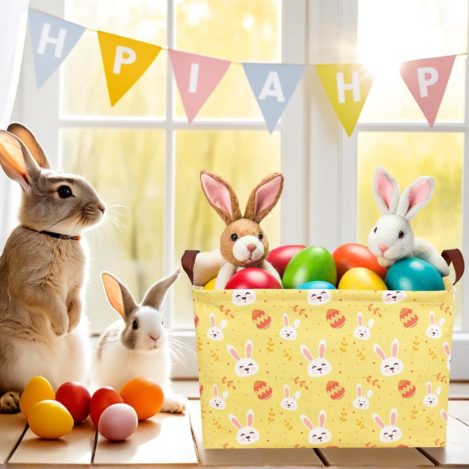 Large Rectangular Cute Kid Easter Basket Empty Bunny Eggs Easter Basket Gift Spring Room Storage Organizer Décor (Rabbit Egg Yellow Background) image 2
