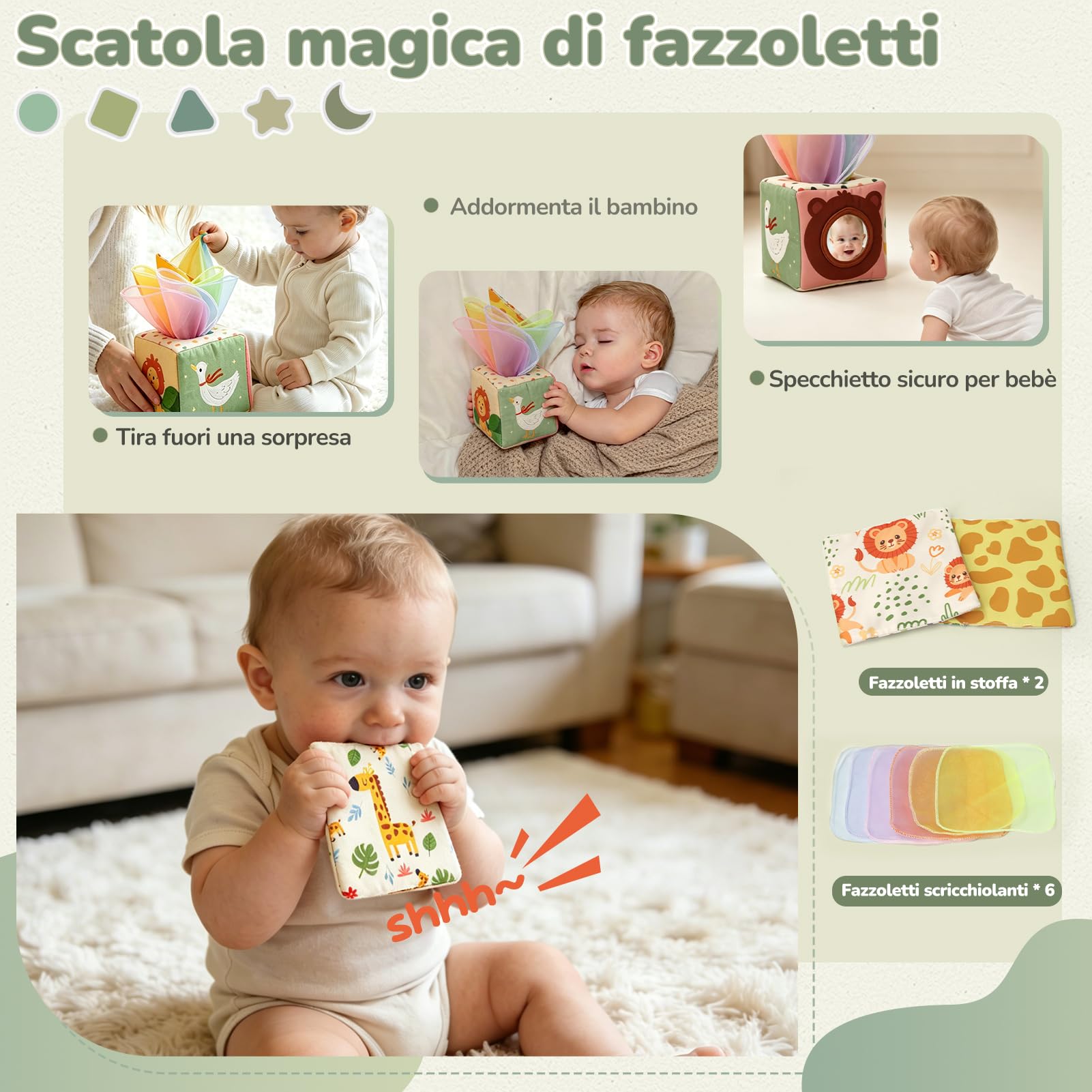 5 in 1 Giochi Montessori 6 Mesi – Giochi Neonato 6-9 Mesi con Scatola di Fazzoletti Montessori, Giocattoli Impilabili, Giocattolo di Classificazione, Tirare la Corda | Regalo Bambino 8 9 12 Mesi