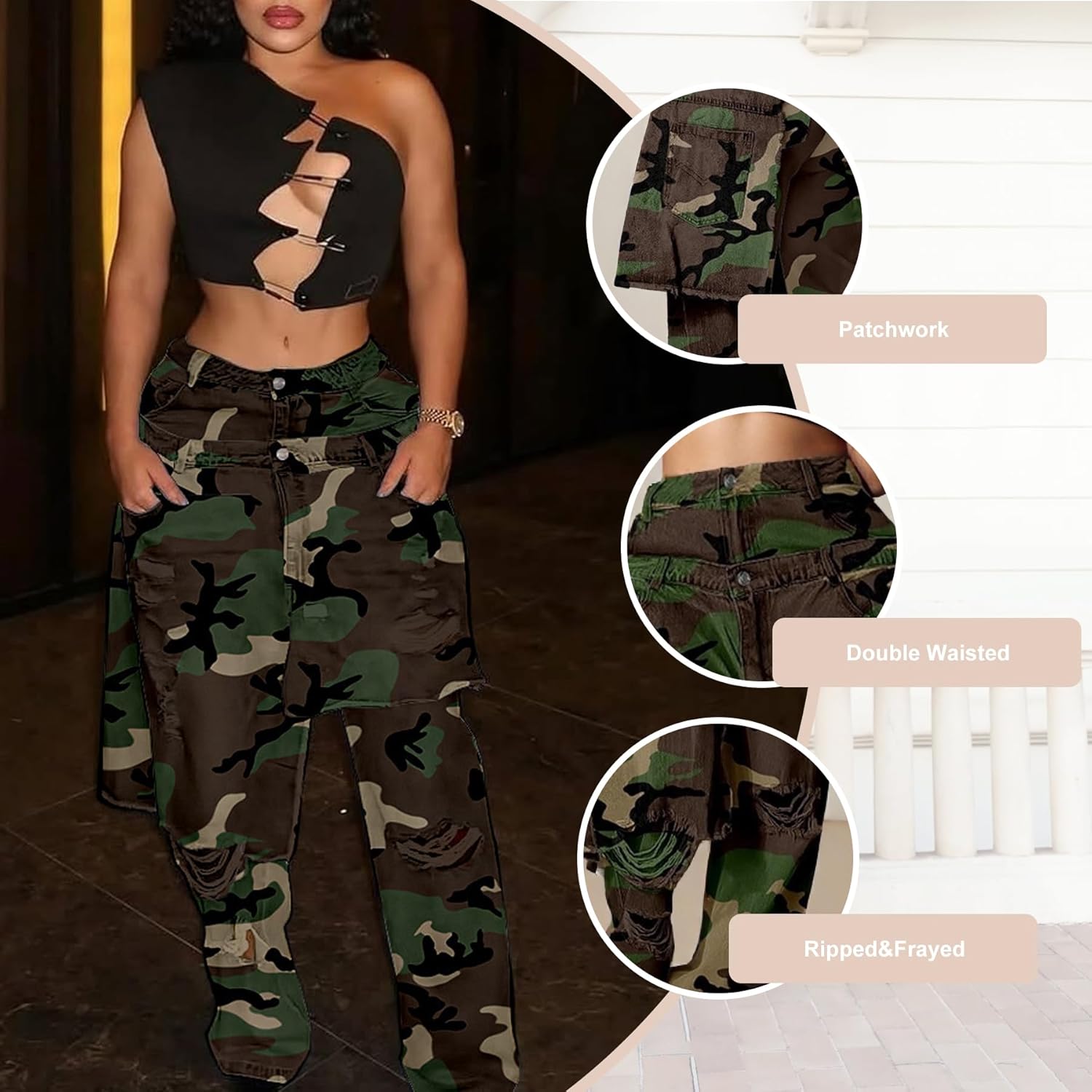 LETSVDO Women Ripped Patchwork Jeans Straight Wide Leg Asymmetrical Double Waist Denim Pants Baggy Y2k Trouser Streetwear - Image 4