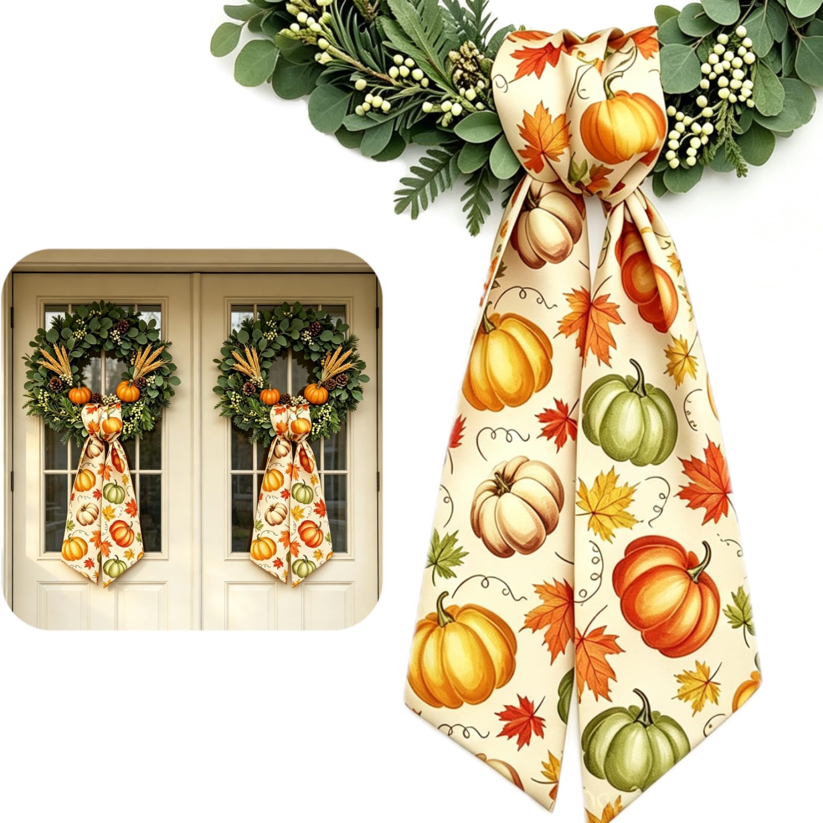 Wreath Sash for Front Door 2 Pack, Autumn Pumpkin Fall Wreath Ribbon, 4.5 x 56 Inch Wreath Bow Accessories for Thanksgiving Autumn Decor