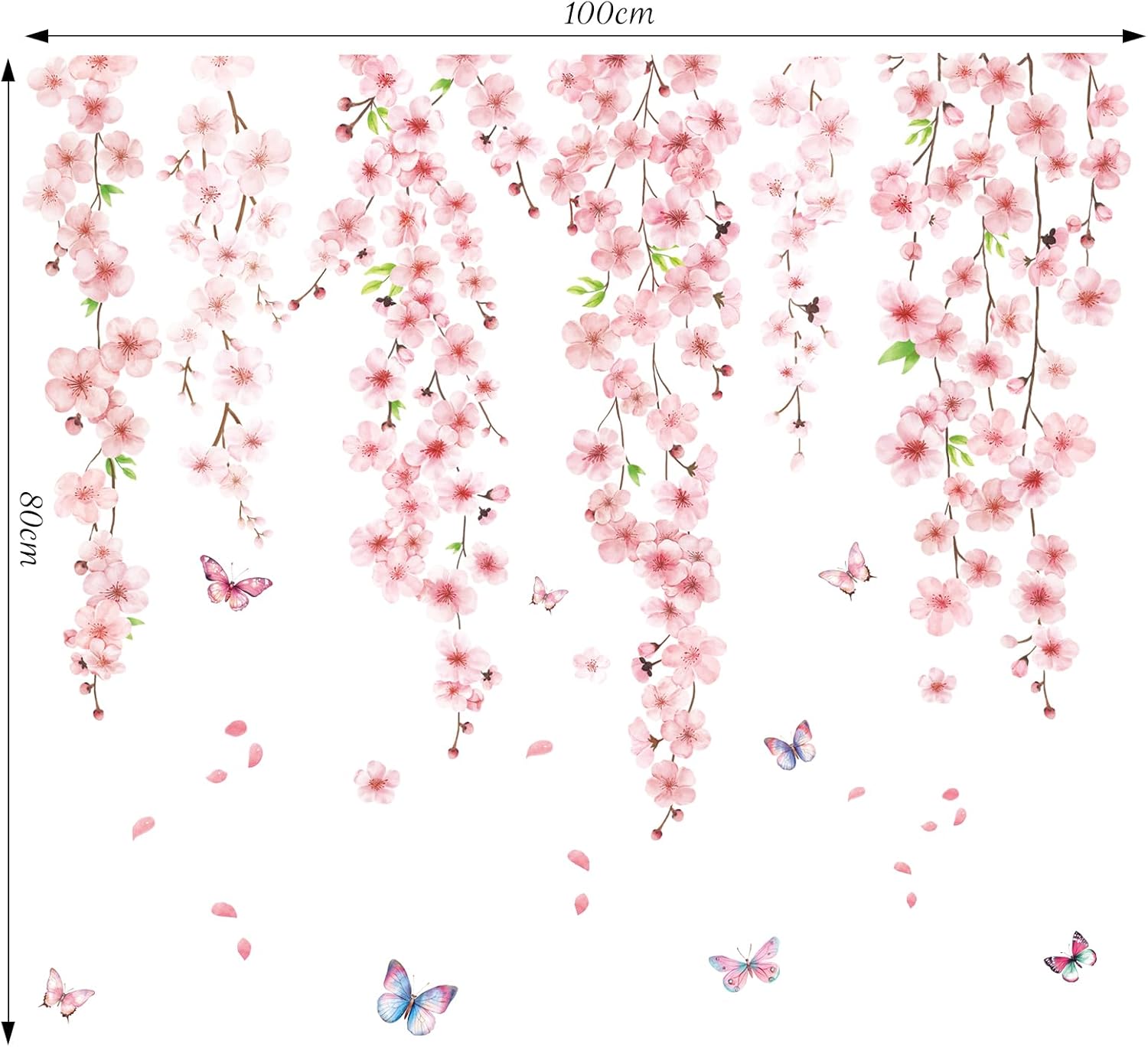 SHUCHING Cherry Blossom Wall Sticker Peel and Stick, Vinyl Haing Vine Wall Decal, Pink Flower Wall Decor Art for Girls Room Living Room Bedroom