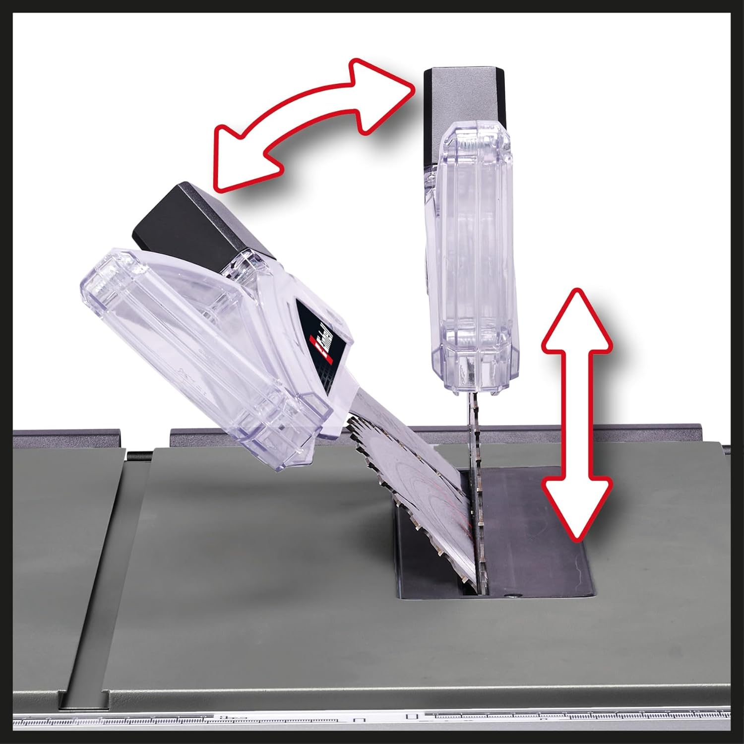 Close-up of Einhell Table Saw blade guard showing tilt and height adjustment