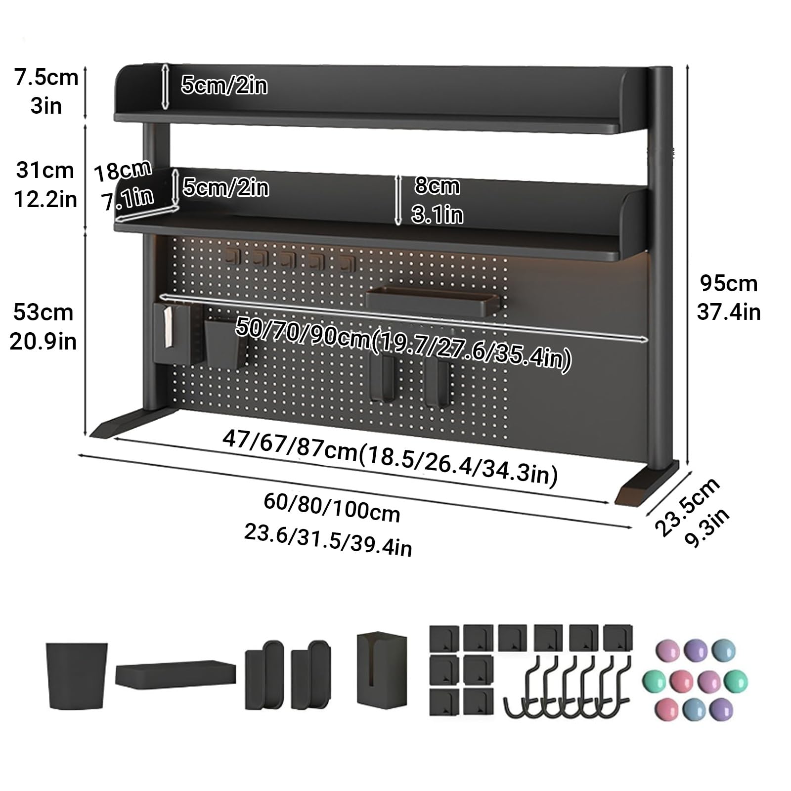 Étagère de bureau en métal à plusieurs niveaux avec panneau perforé 2/3 niveaux Sto nizer pour chambre à coucher, noir, 100 x 38 cm / 39.4x15in