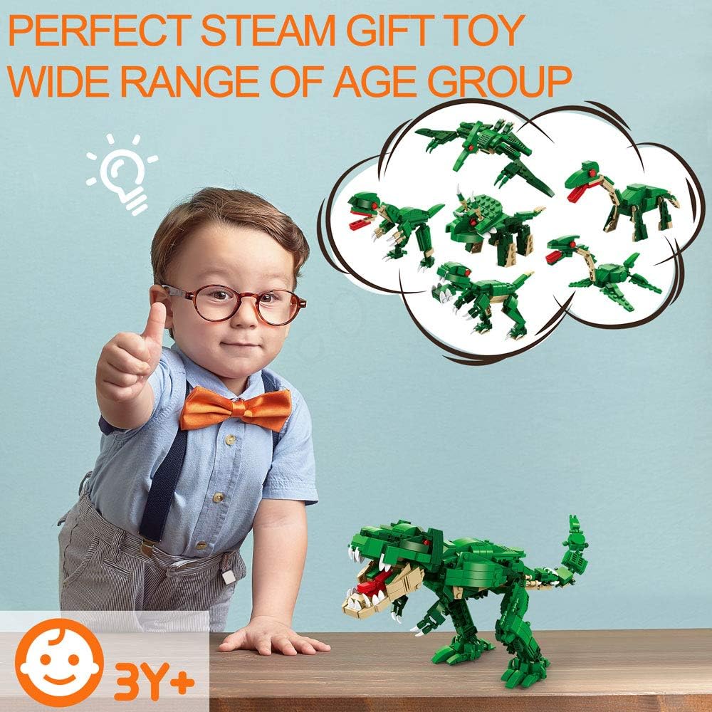 GARUNK 6 in 1 Mighty Dinosaurs Building Blocks Set, Build It Yourself Dinosaur Set, Create a Ceratosaurus, Pterosaur, Diplodocus, Triceratops, Allosaurus, Raptor, for Kids (673 Pieces)
