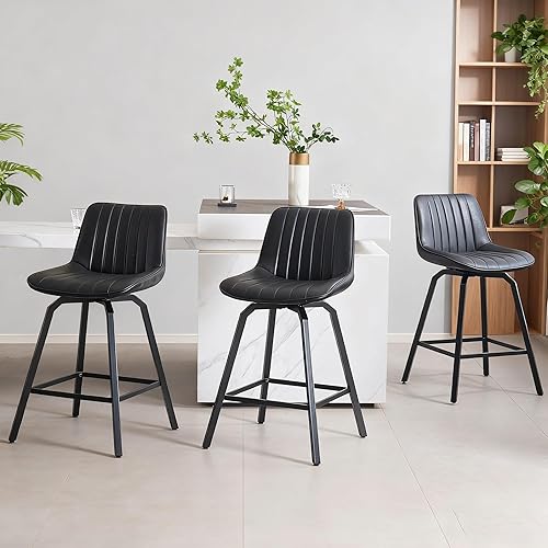 Miniatura 8 de Juego de 4 taburetes de bar giratorios de 26 pulgadas con respaldo de piel sintética a rayas verticales, patas de metal, modernos taburetes de bar
