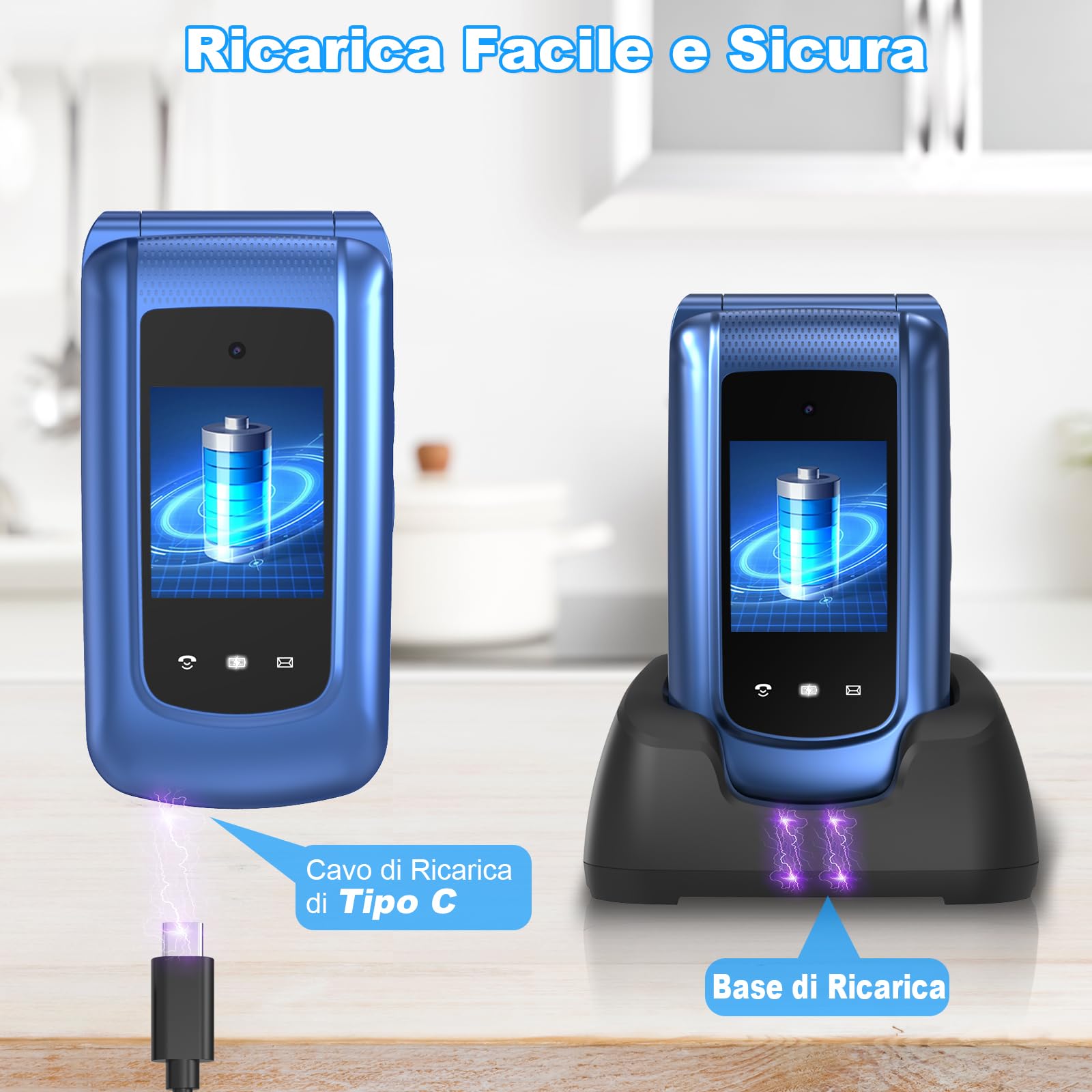 Telefono Cellulare per Anziani 4G, Telefoni Cellulari Tasti Grandi a Conchiglia Volume Alto Schermo da 2,4 e 1,77 Pollici Doppia SIM Funzione SOS Base di Ricarica Chiamata Rapida Torcia Sveglia, Blu