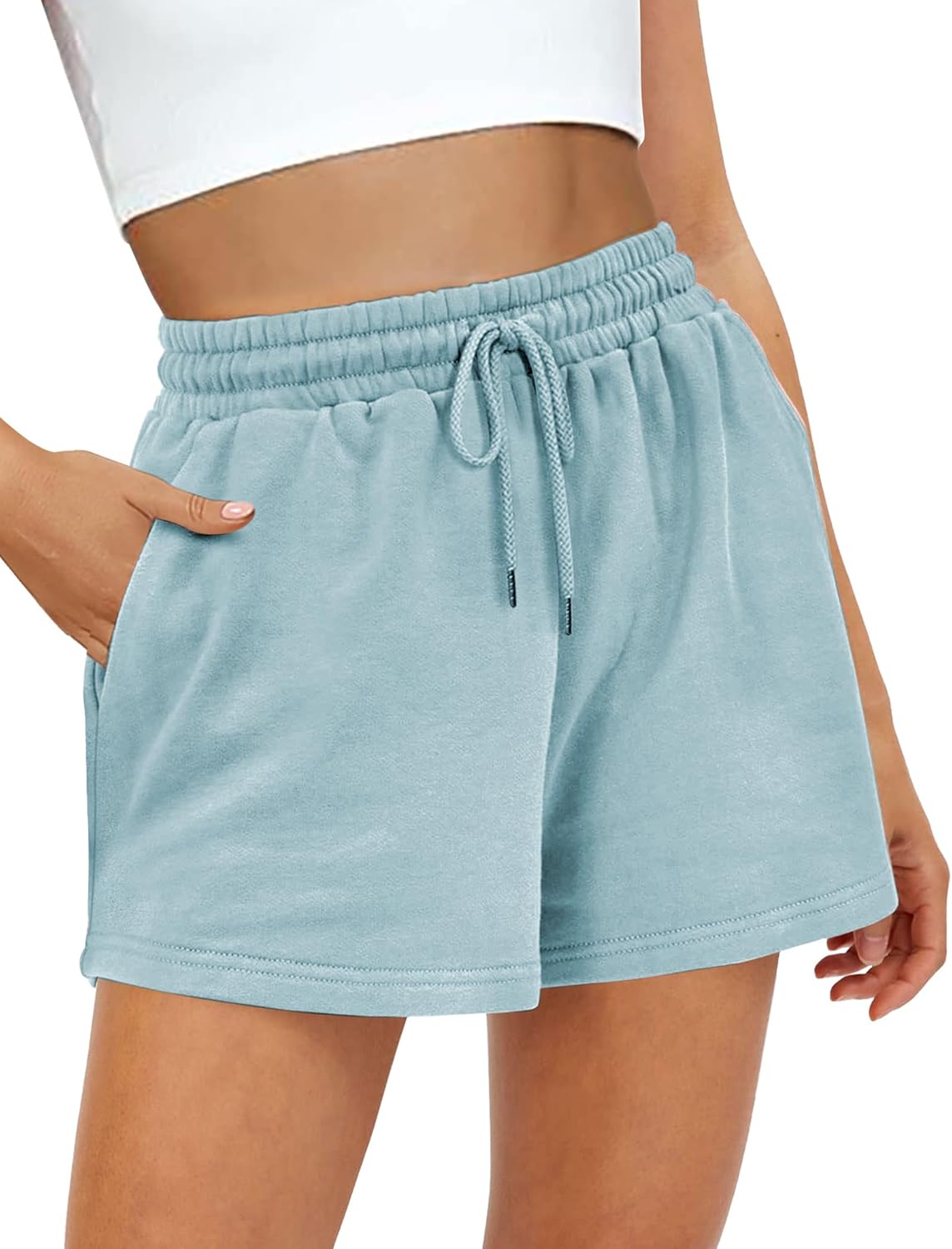 Women's Sweat Shorts Sweatshorts Summer Lounge Cotton Drawstring Cute Fleece Shorts with Pockets Athletic Running Active Elastic Jersey French Terry Shorts 2024 Women Cloth Sweatpants Trendy Blue
