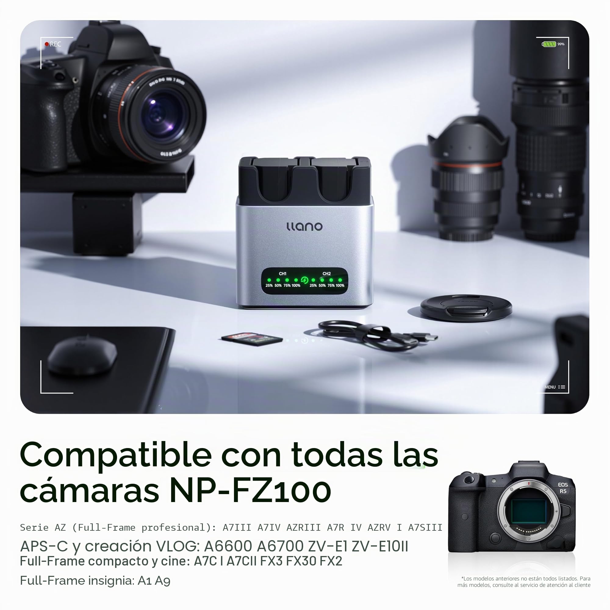 llano Set de 2 Baterías NP-FZ100 2400mAh & Cargador Rápido 20W: Doble Ranura para Sony A7III A7IV A6700 FX3 FX30 A9 A7C A7CII A7RV A7RIII A6600 ZV-E1 ZV-E10II A1 FX2, USB-C, LED, Aluminio CNC | Para cámara Sony A7III A7IV A6700 FX3 FX30 A9 A7C A7CII A7RV