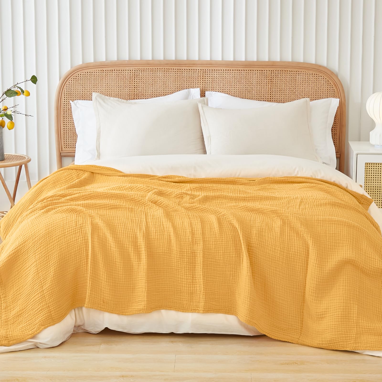 EMME Manta de Muselina de algodón tamaño Individual XL, Gasa Transpirable, Suave, Ligera, Regalos para Mujeres (Amarillo Jaspeado, 167 x 228 cm)