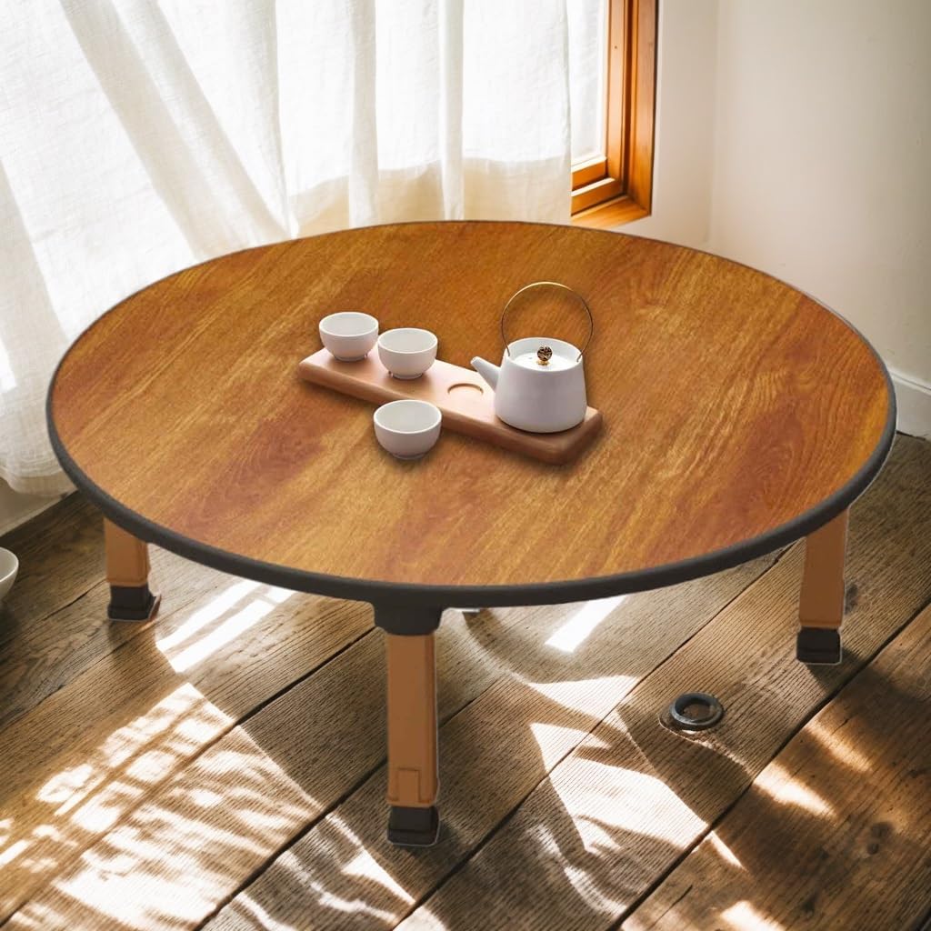28in Portable Folding Round Coffee Table - Korean Style Low Floor Table, Foldable Small Desk for Living Room & Picnic, Lightweight & Easy to Store