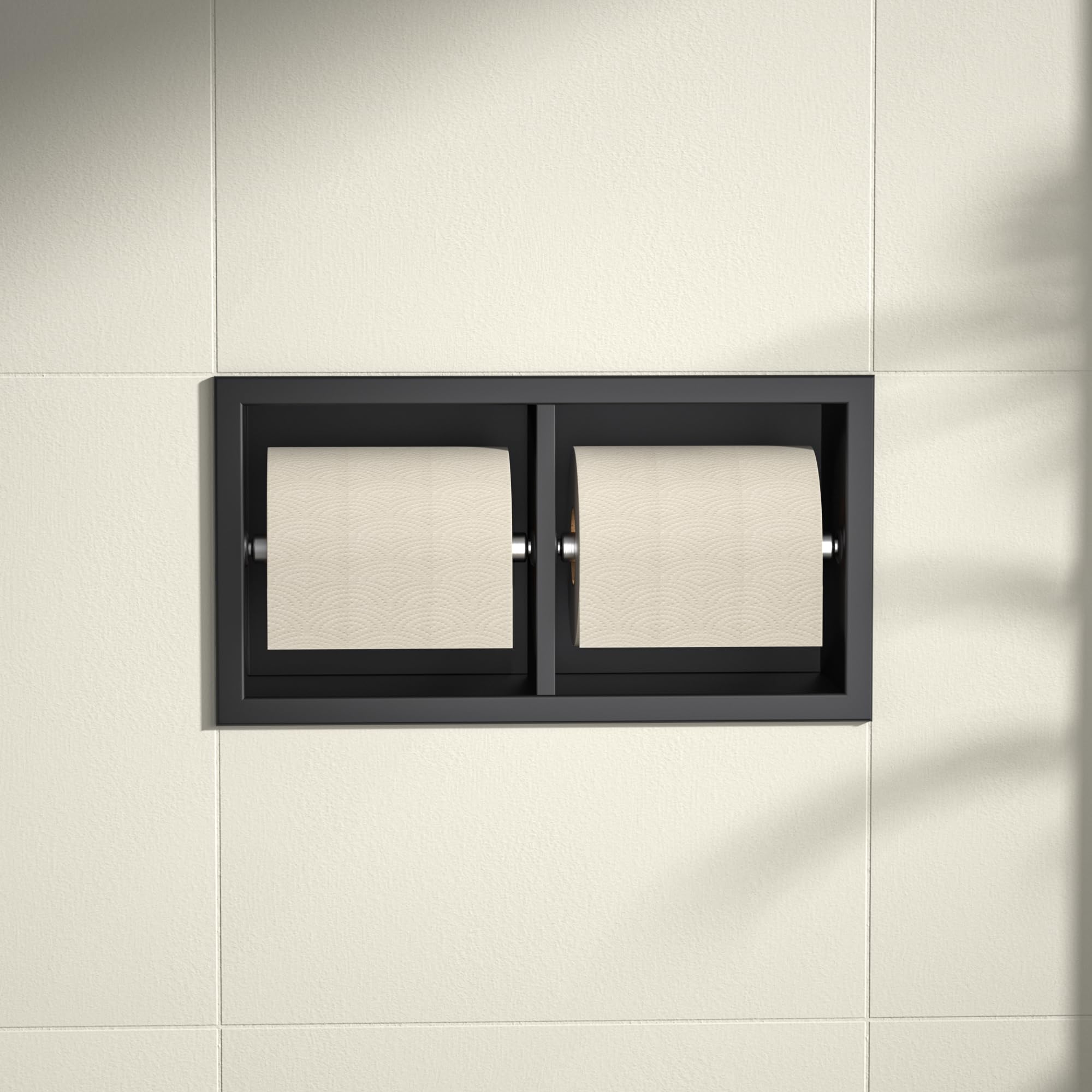 Portarrollos de baño empotrados de acero inoxidable, armario de baño con soporte para papel higiénico, soporte para papel higiénico con almacenamiento, 10 × 18 × 34 cm, negro